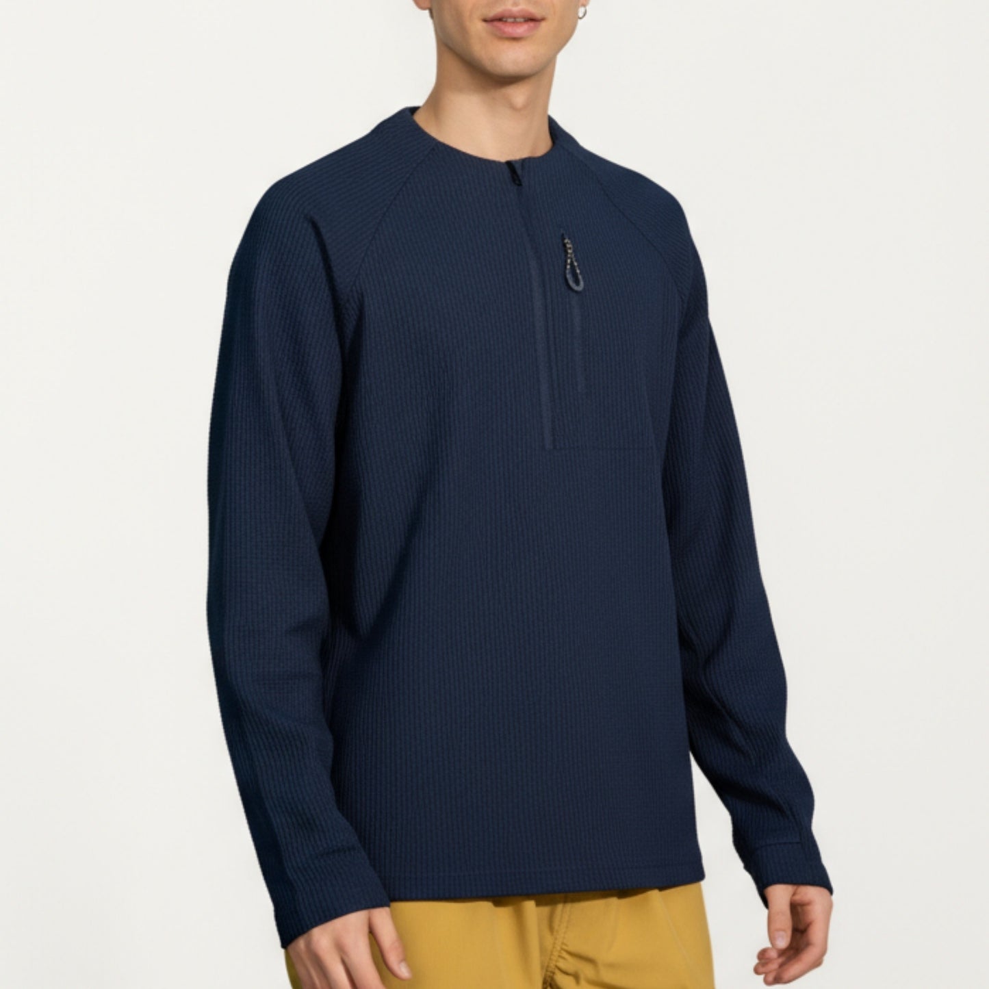 Men's Long Sleeve Quarter Zip Fleece Pullover with Mock Neck and Textured Waffle Knit Fabric