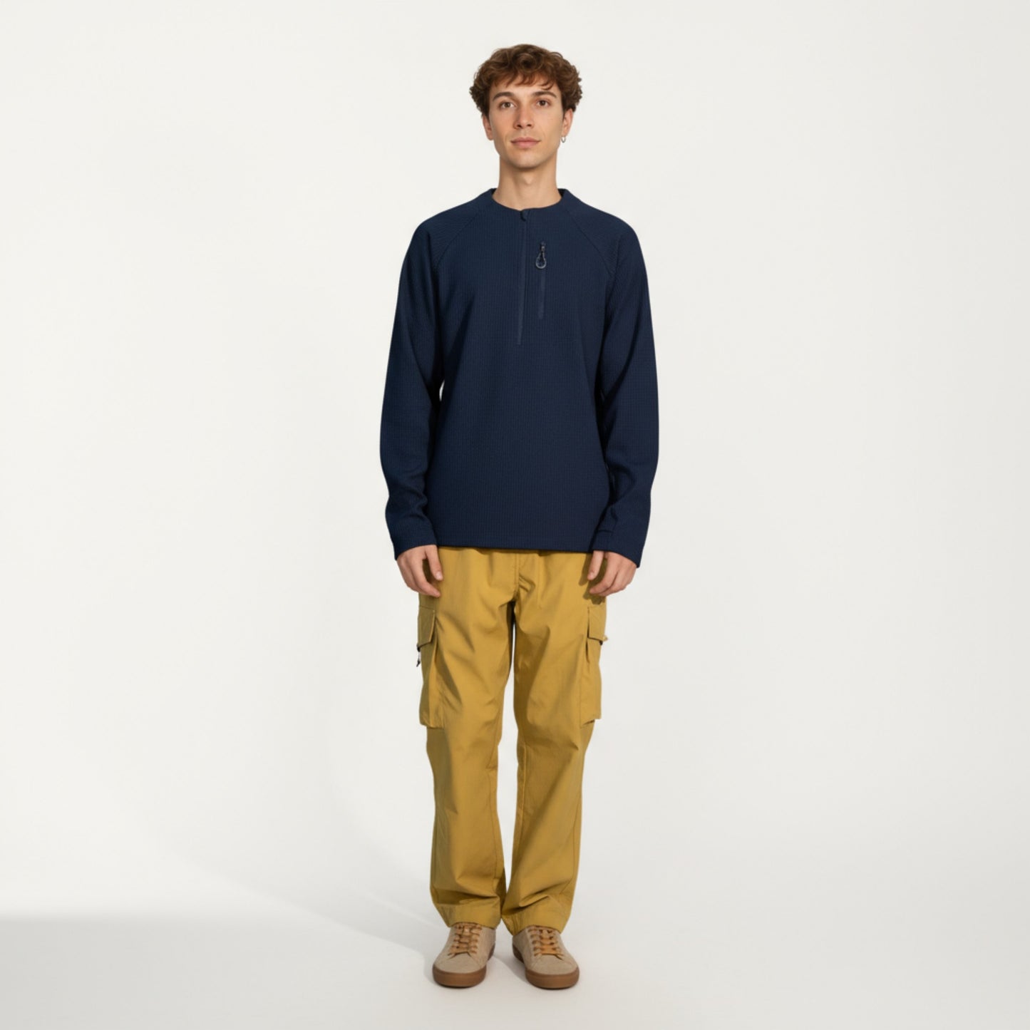 Men's Long Sleeve Quarter Zip Fleece Pullover with Mock Neck and Textured Waffle Knit Fabric