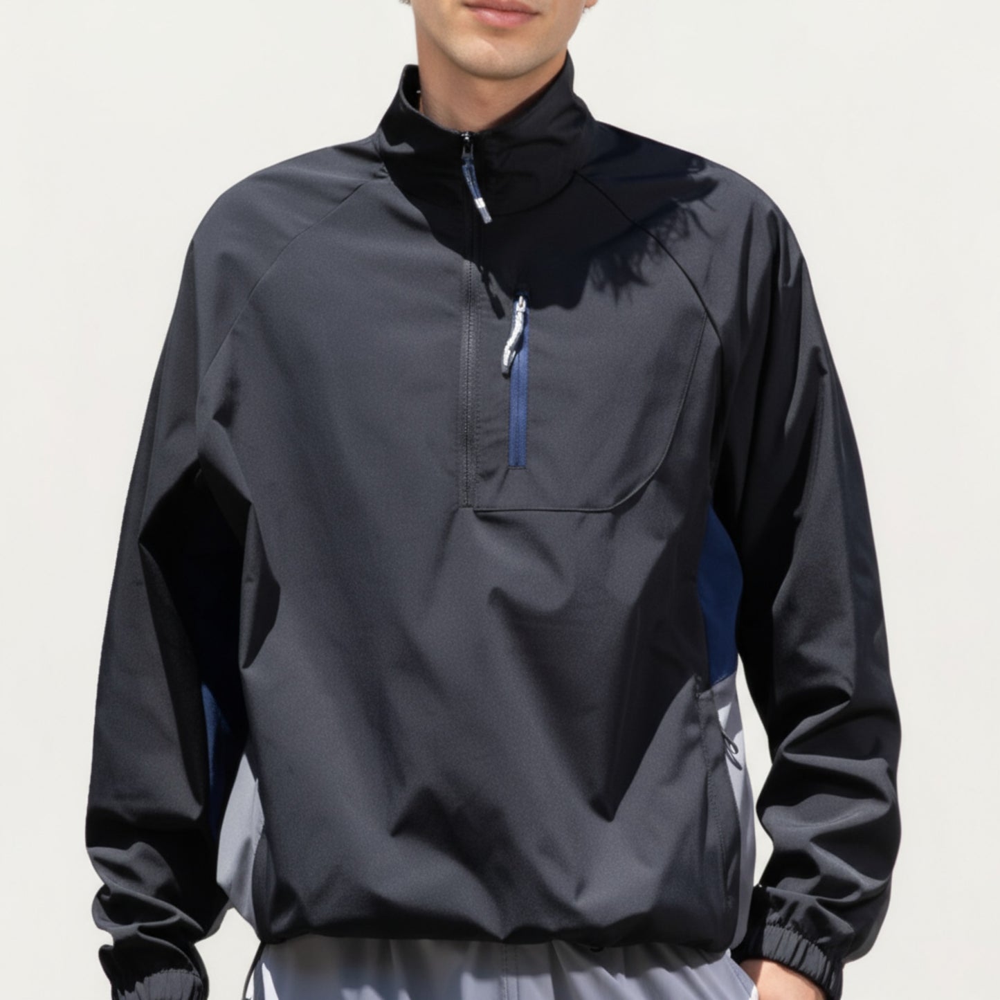 Men's Long Sleeve Quarter Zip Windbreaker Pullover with Elastic Cuffs and Zipper Chest Pocket