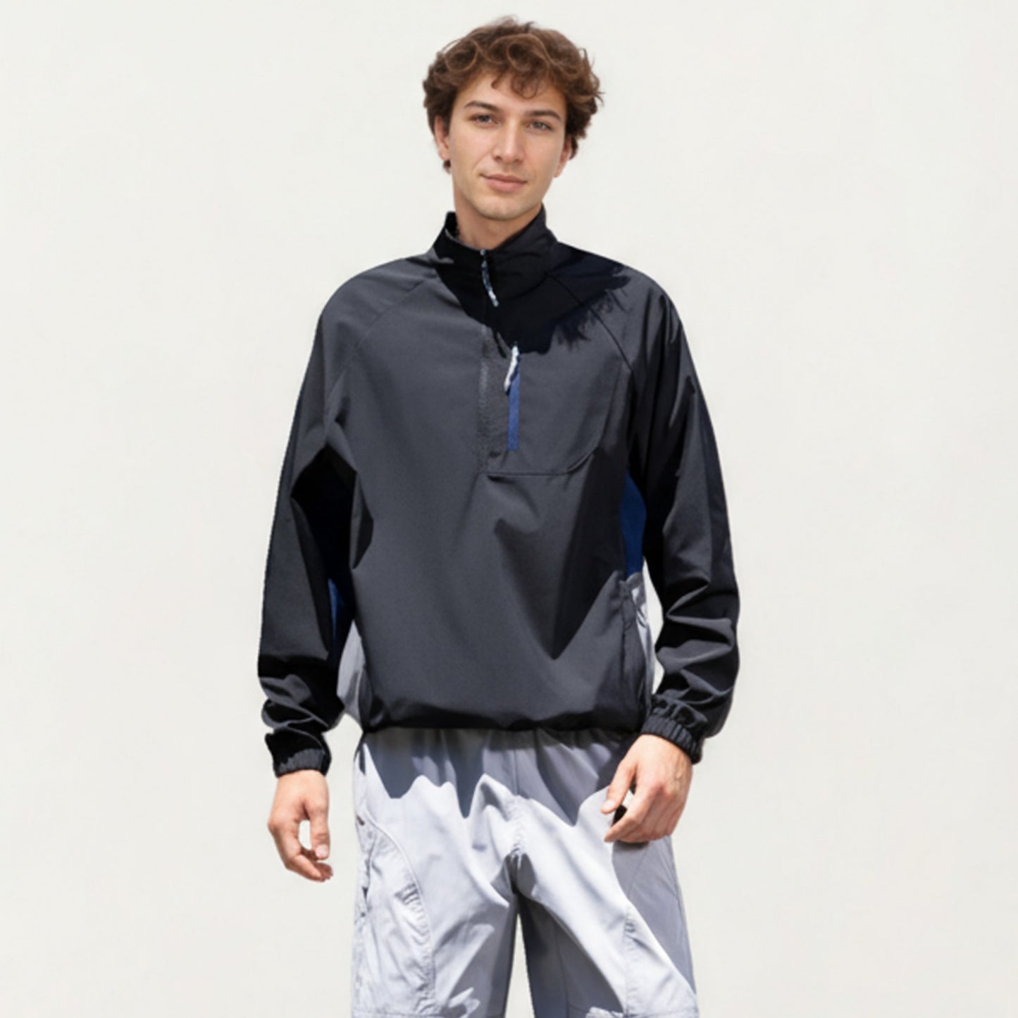 Men's Long Sleeve Quarter Zip Windbreaker Pullover with Elastic Cuffs and Zipper Chest Pocket