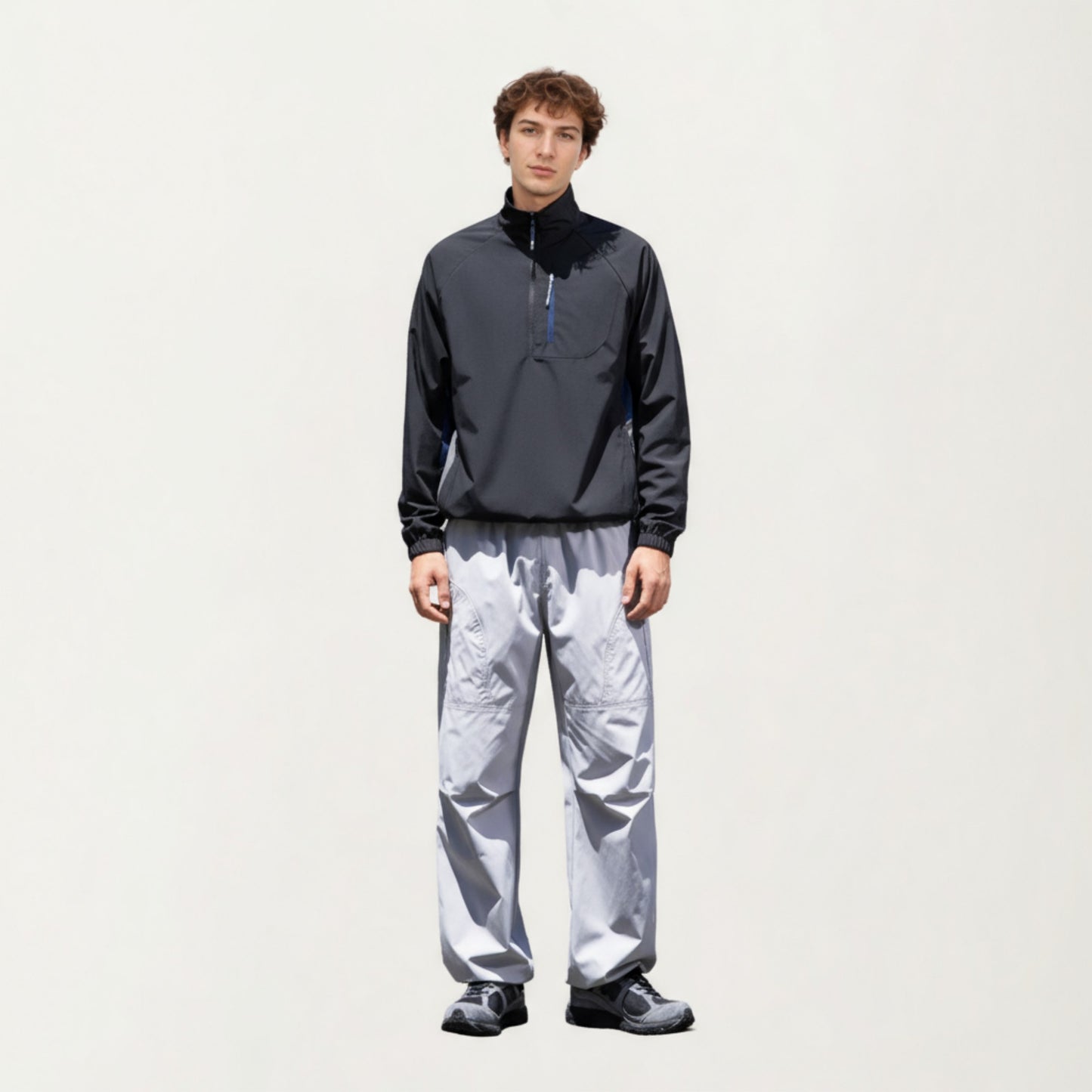 Men's Long Sleeve Quarter Zip Windbreaker Pullover with Elastic Cuffs and Zipper Chest Pocket