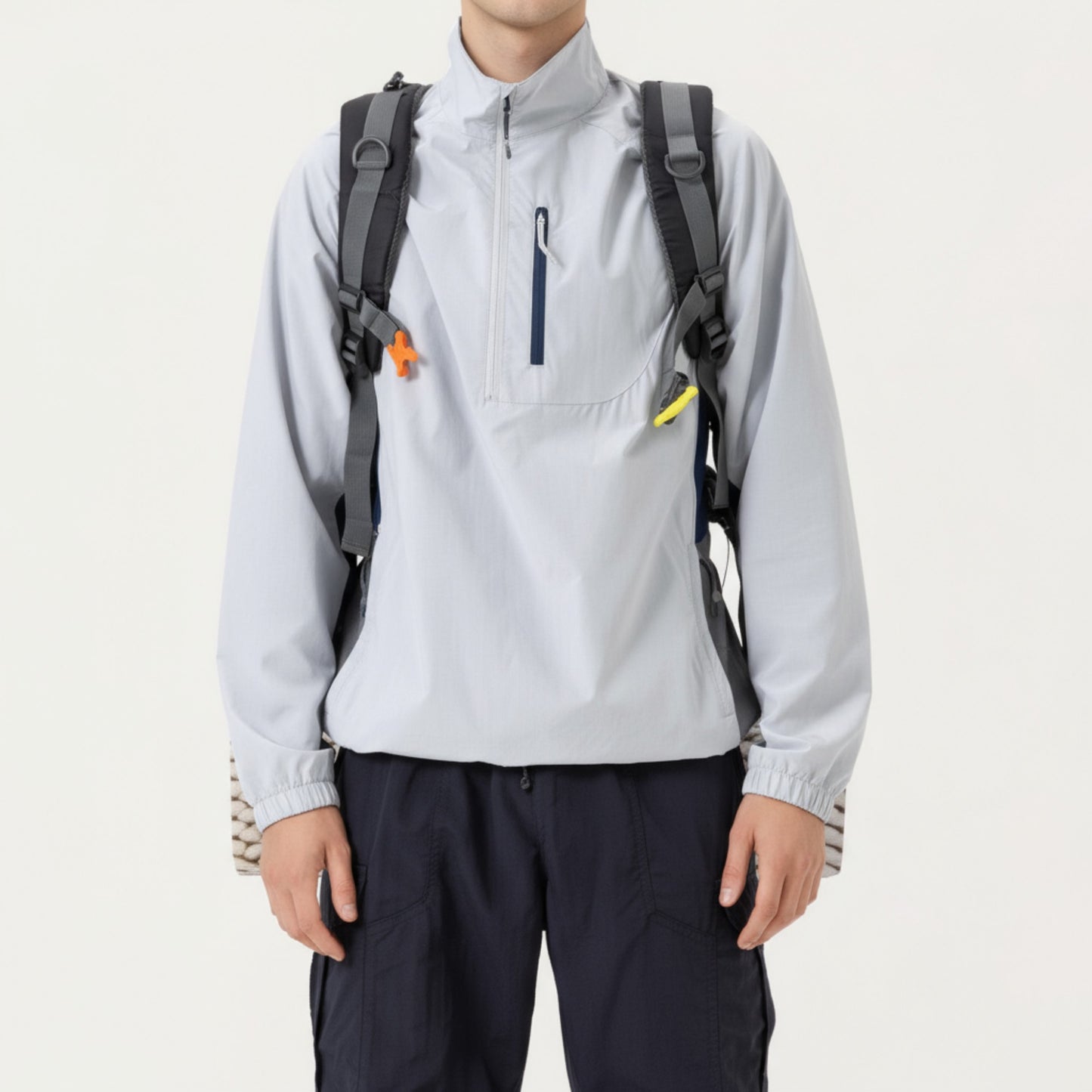 Men's Long Sleeve Quarter Zip Windbreaker Pullover with Elastic Cuffs and Zipper Chest Pocket