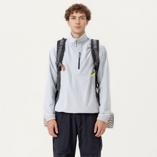 Men's Long Sleeve Quarter Zip Windbreaker Pullover with Elastic Cuffs and Zipper Chest Pocket