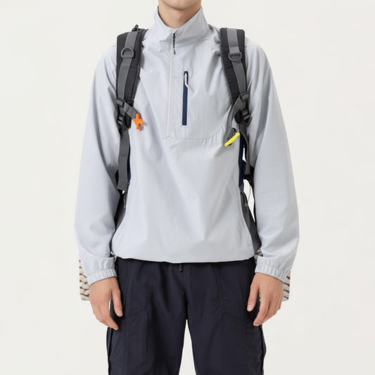 Men's Long Sleeve Quarter Zip Windbreaker Pullover with Elastic Cuffs and Zipper Chest Pocket