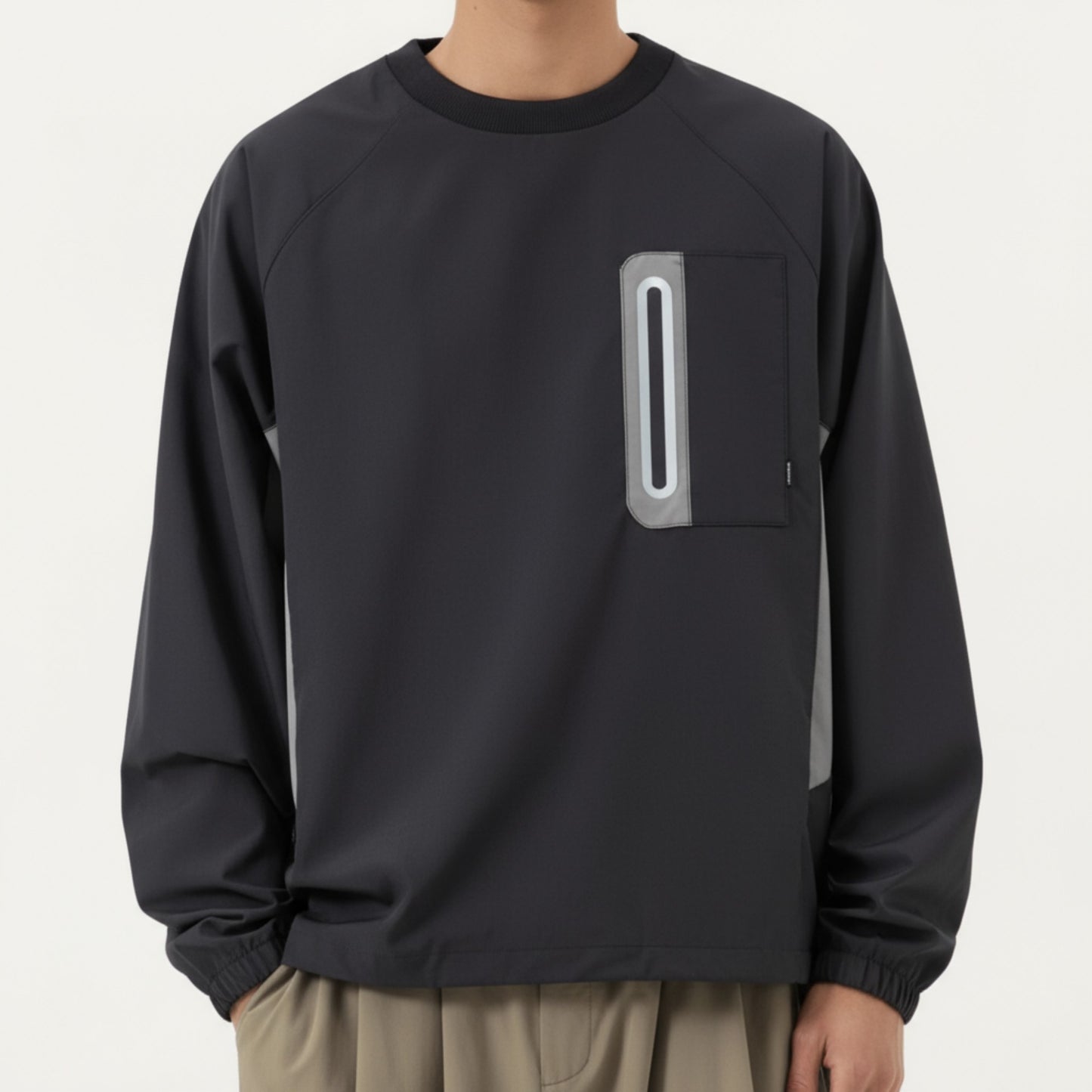 Men's Long Sleeve Pullover Crew Neck Top with Contrast Zipper Chest Pocket and Elastic Cuffs