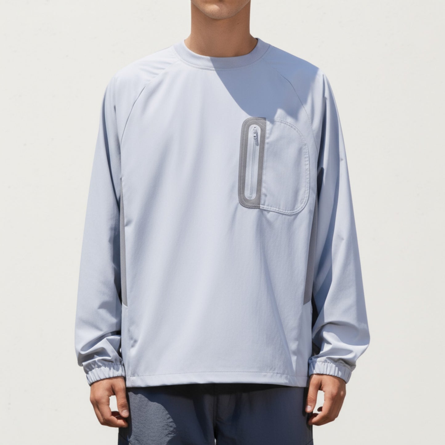 Men's Long Sleeve Pullover Crew Neck Top with Contrast Zipper Chest Pocket and Elastic Cuffs