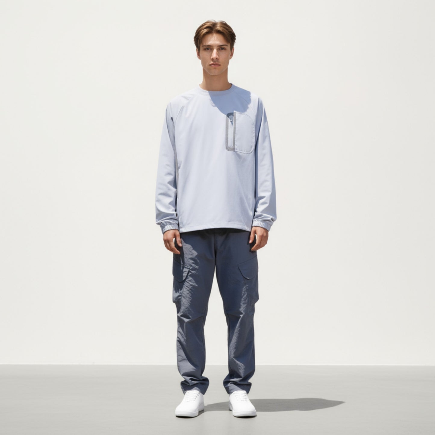 Men's Long Sleeve Pullover Crew Neck Top with Contrast Zipper Chest Pocket and Elastic Cuffs