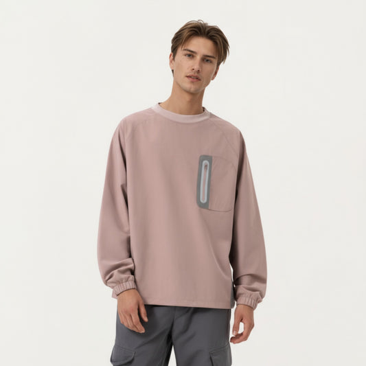 Men's Long Sleeve Pullover Crew Neck Top with Contrast Zipper Chest Pocket and Elastic Cuffs