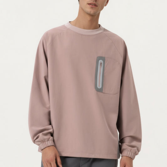 Men's Long Sleeve Pullover Crew Neck Top with Contrast Zipper Chest Pocket and Elastic Cuffs