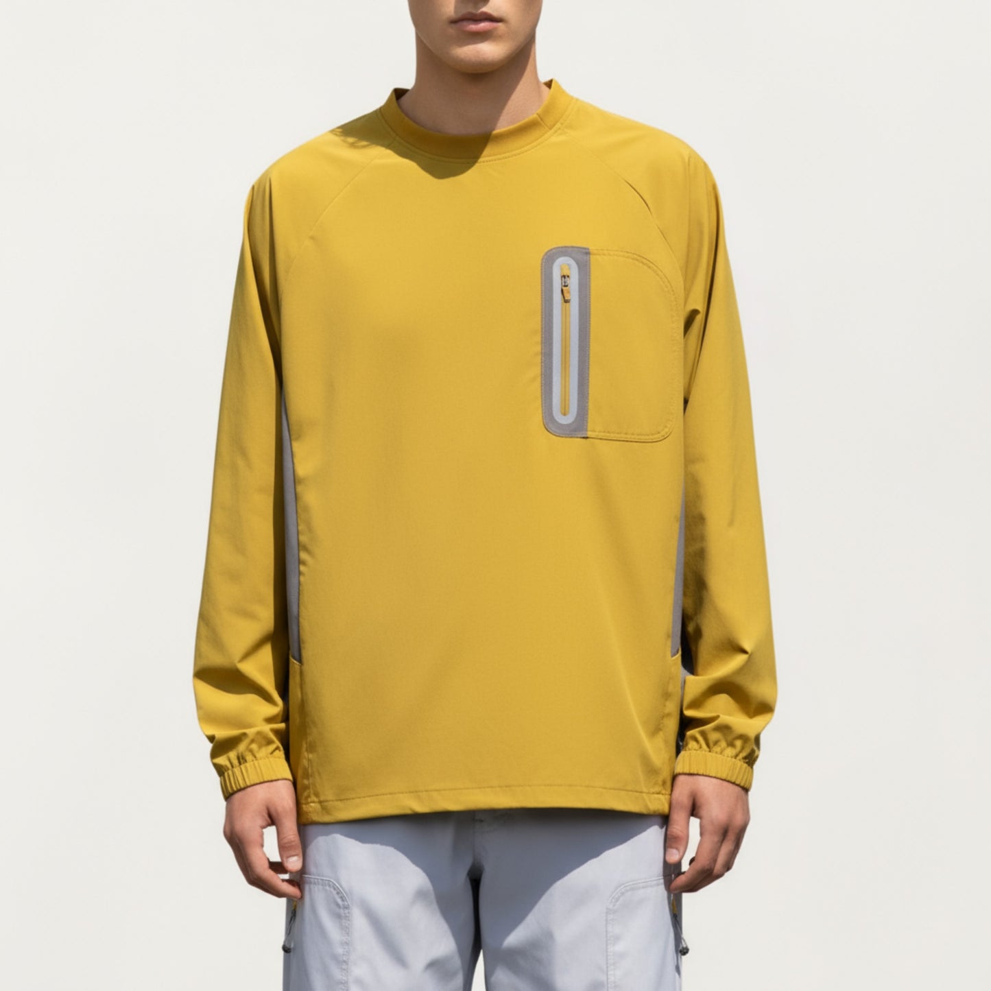 Men's Long Sleeve Pullover Crew Neck Top with Contrast Zipper Chest Pocket and Elastic Cuffs