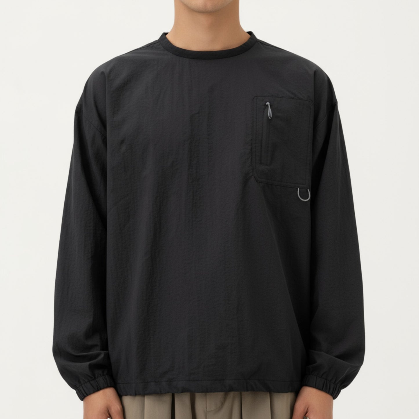 Men's Long Sleeve Crew Neck Utility Pullover with Zipper Chest Pocket and Elastic Cuffs