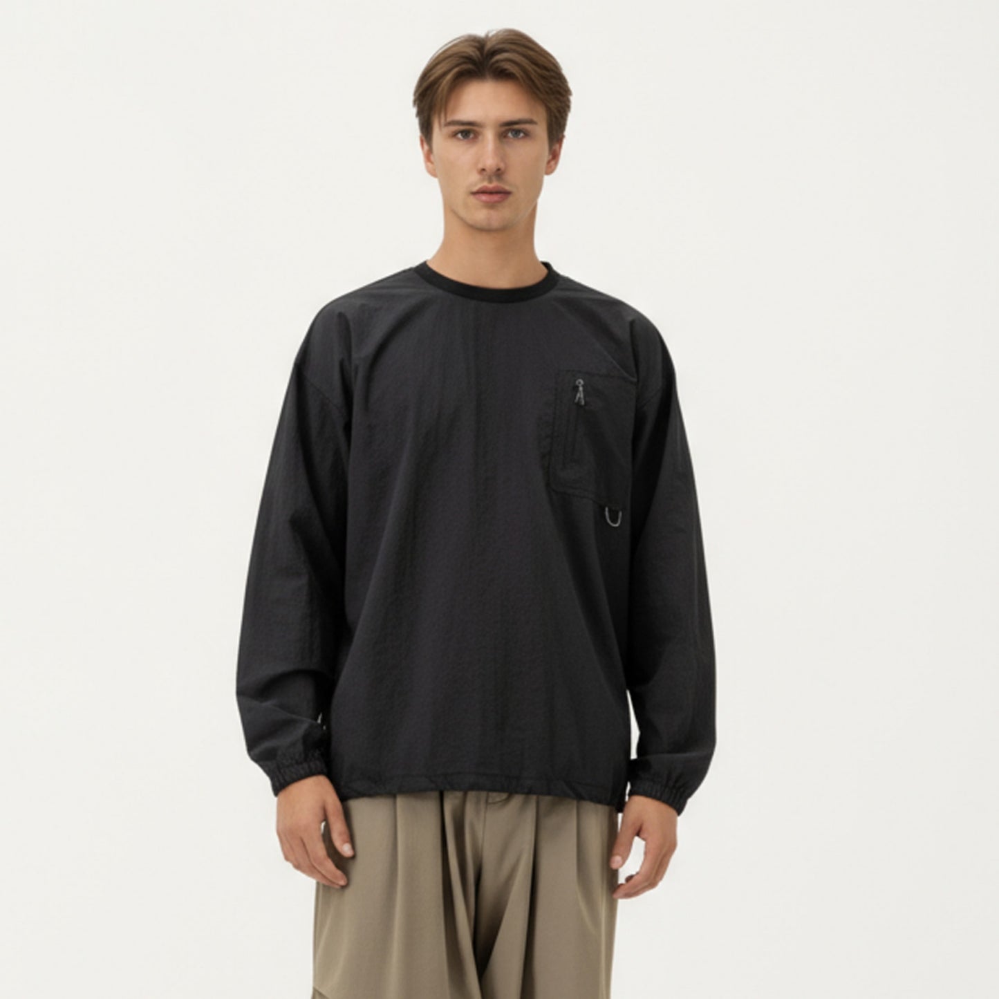 Men's Long Sleeve Crew Neck Utility Pullover with Zipper Chest Pocket and Elastic Cuffs