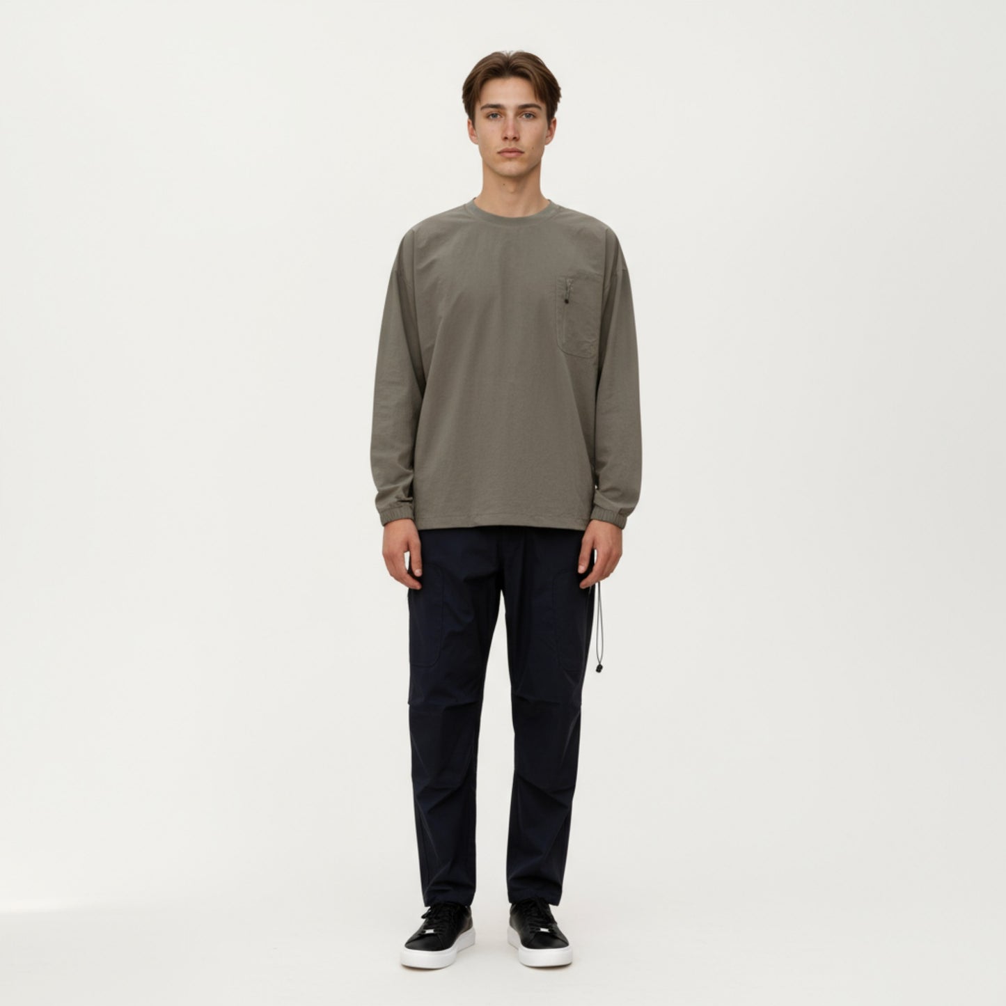 Men's Long Sleeve Crew Neck Utility Pullover with Zipper Chest Pocket and Elastic Cuffs