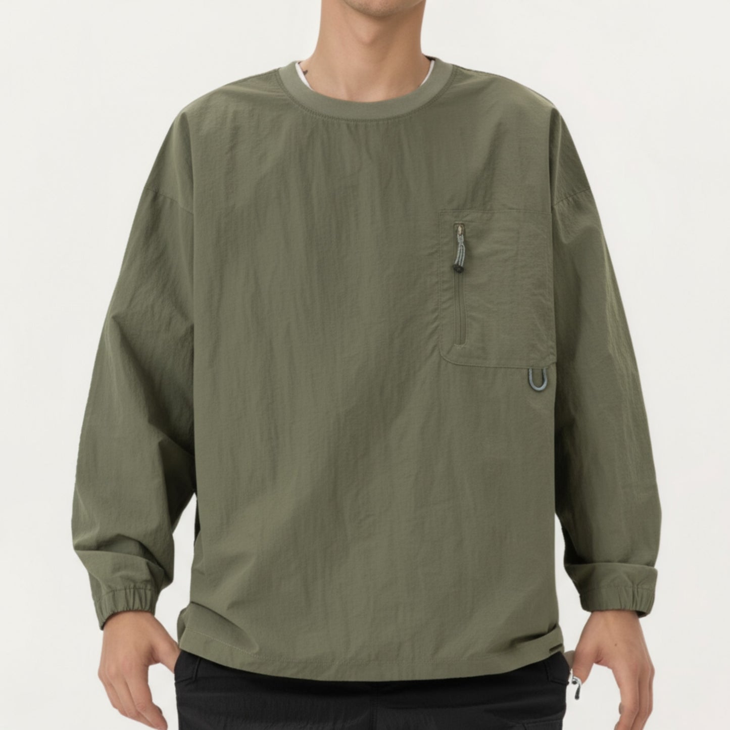 Men's Long Sleeve Crew Neck Utility Pullover with Zipper Chest Pocket and Elastic Cuffs