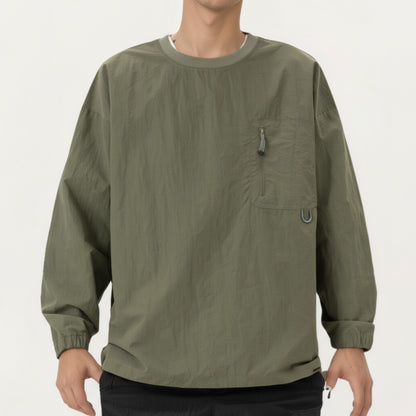 Men's Long Sleeve Crew Neck Utility Pullover with Zipper Chest Pocket and Elastic Cuffs