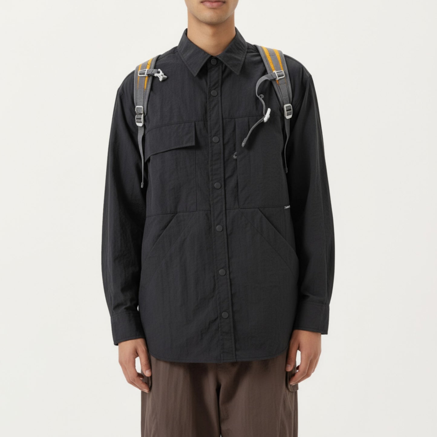 Men's Long Sleeve Button-Up Utility Shirt with Chest Pocket and Structured Stitch Detailing