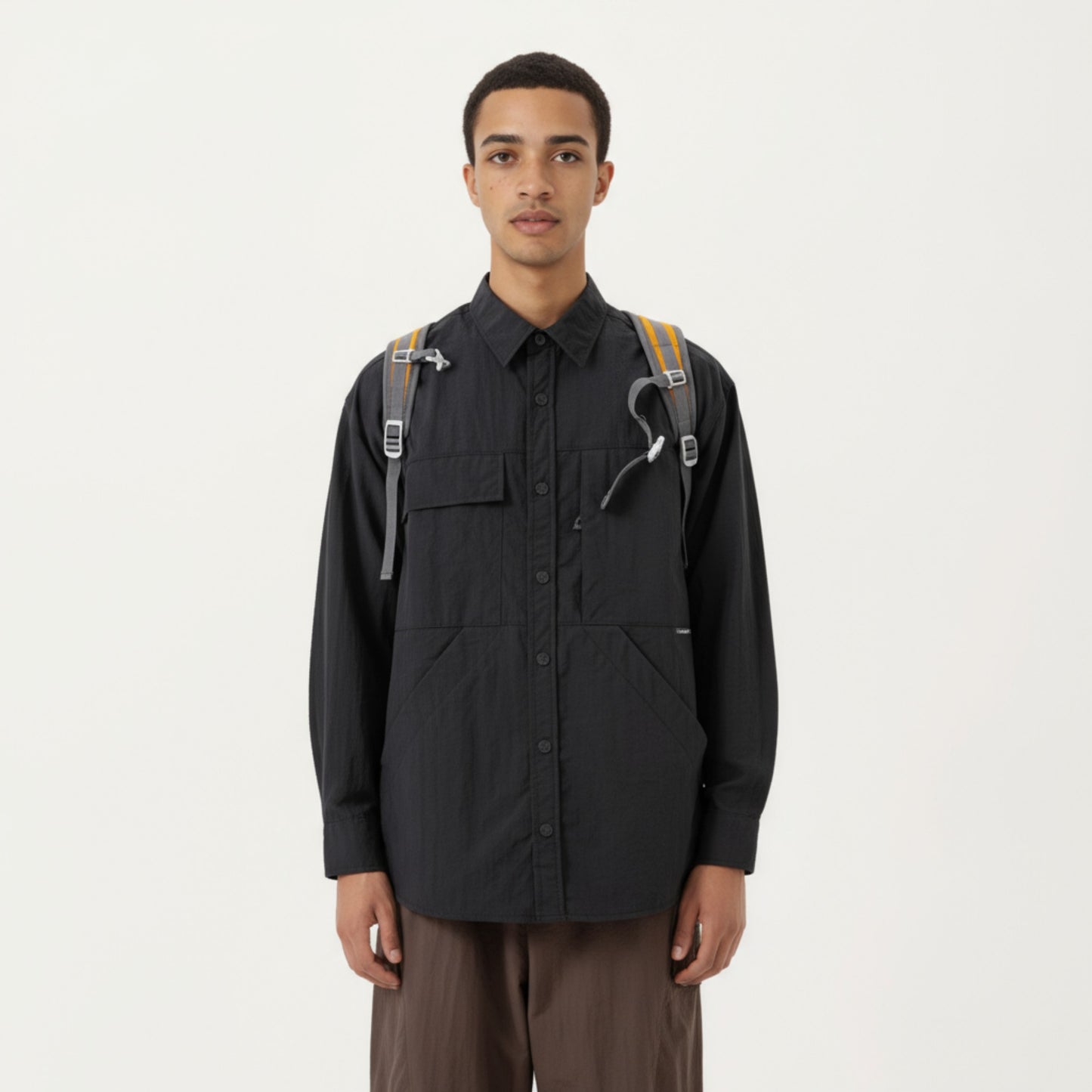 Men's Long Sleeve Button-Up Utility Shirt with Chest Pocket and Structured Stitch Detailing