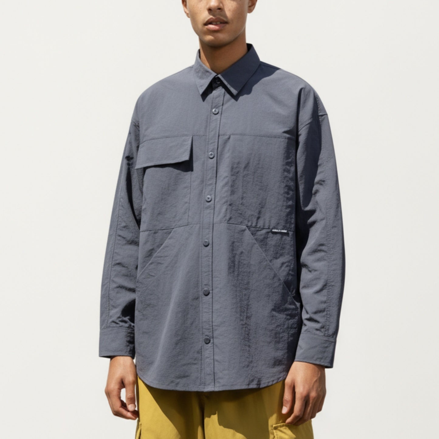 Men's Long Sleeve Button-Up Utility Shirt with Chest Pocket and Structured Stitch Detailing