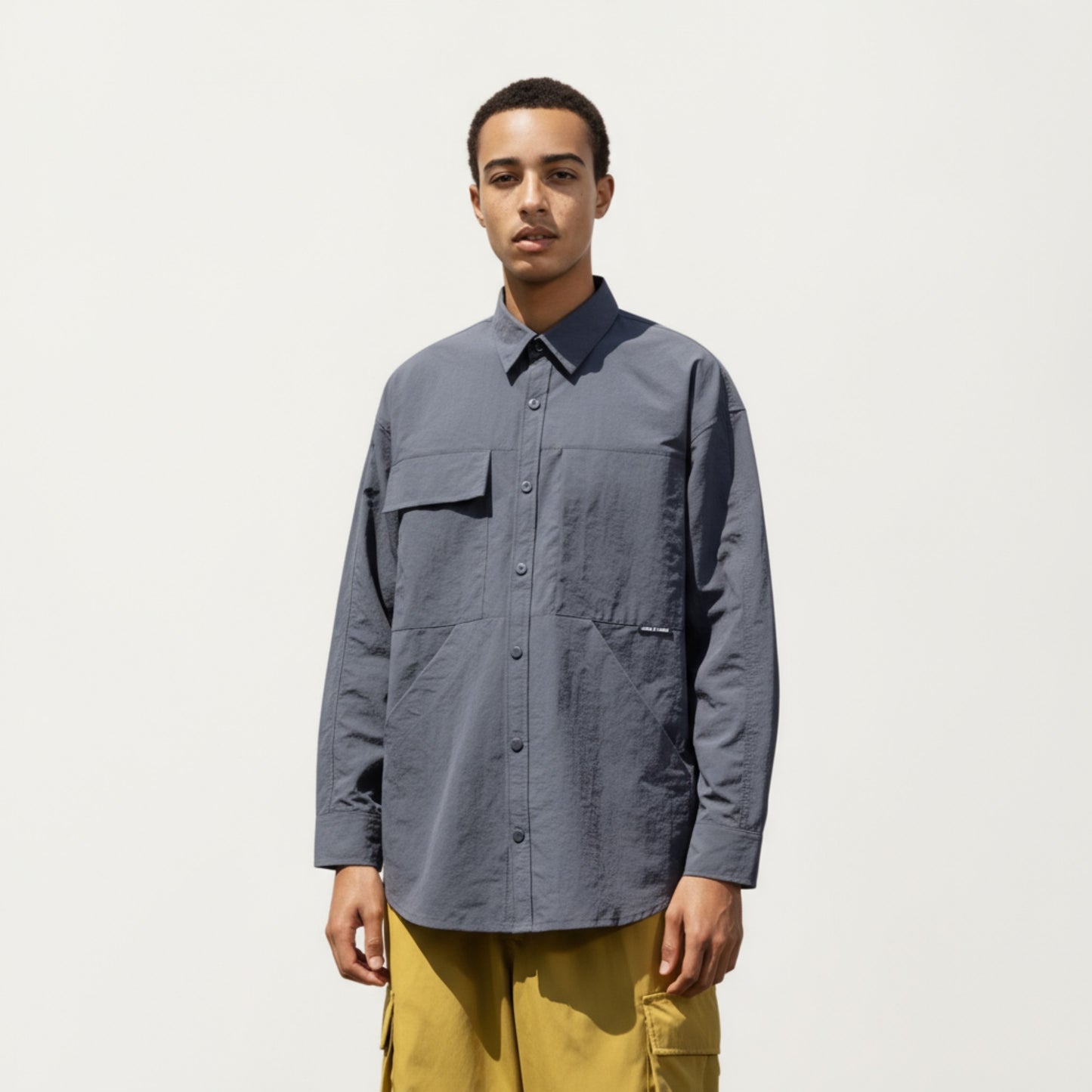 Men's Long Sleeve Button-Up Utility Shirt with Chest Pocket and Structured Stitch Detailing