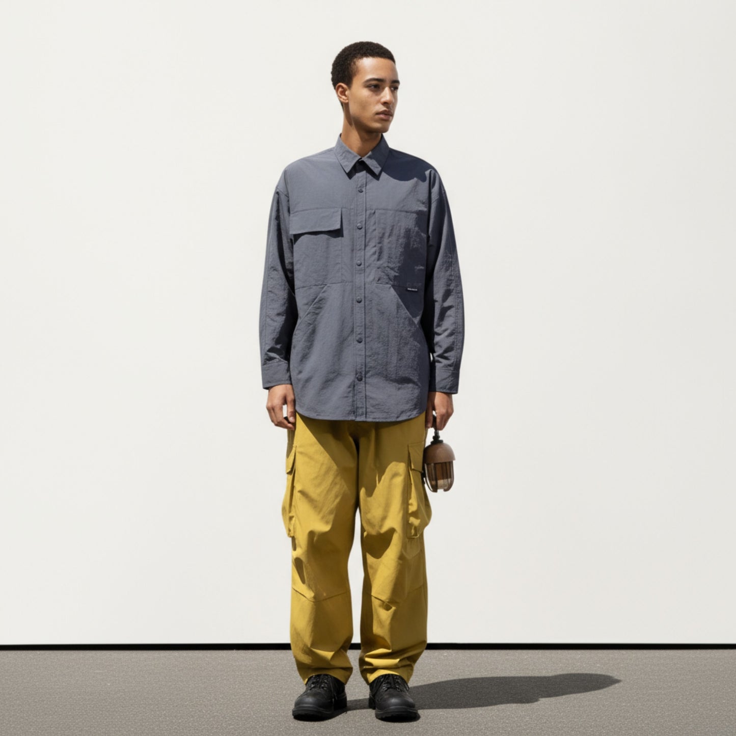 Men's Long Sleeve Button-Up Utility Shirt with Chest Pocket and Structured Stitch Detailing