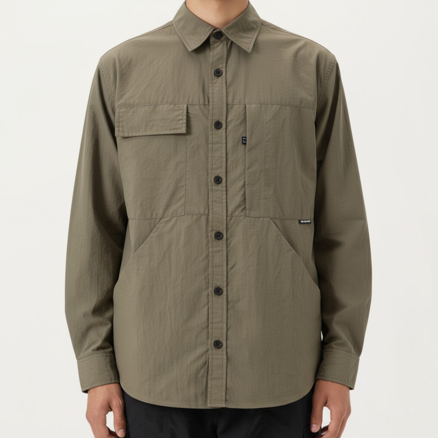 Men's Long Sleeve Button-Up Utility Shirt with Chest Pocket and Structured Stitch Detailing