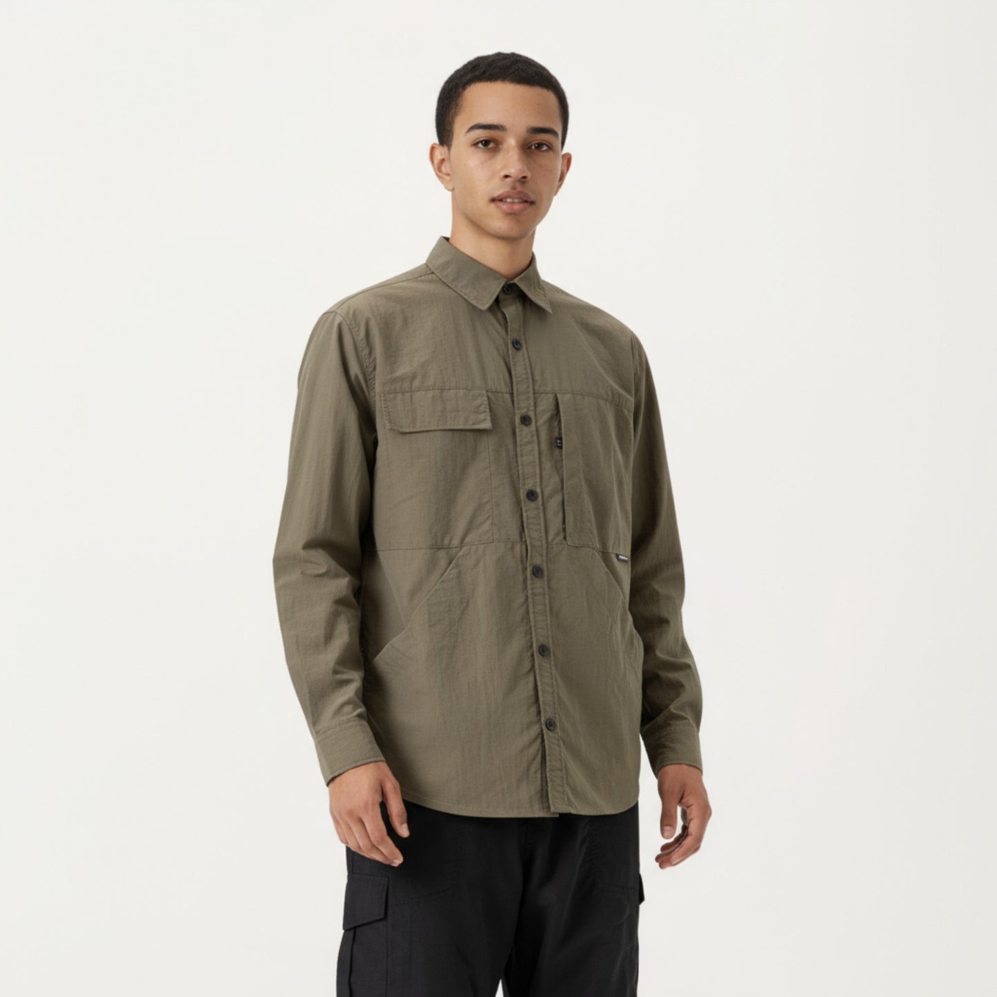 Men's Long Sleeve Button-Up Utility Shirt with Chest Pocket and Structured Stitch Detailing