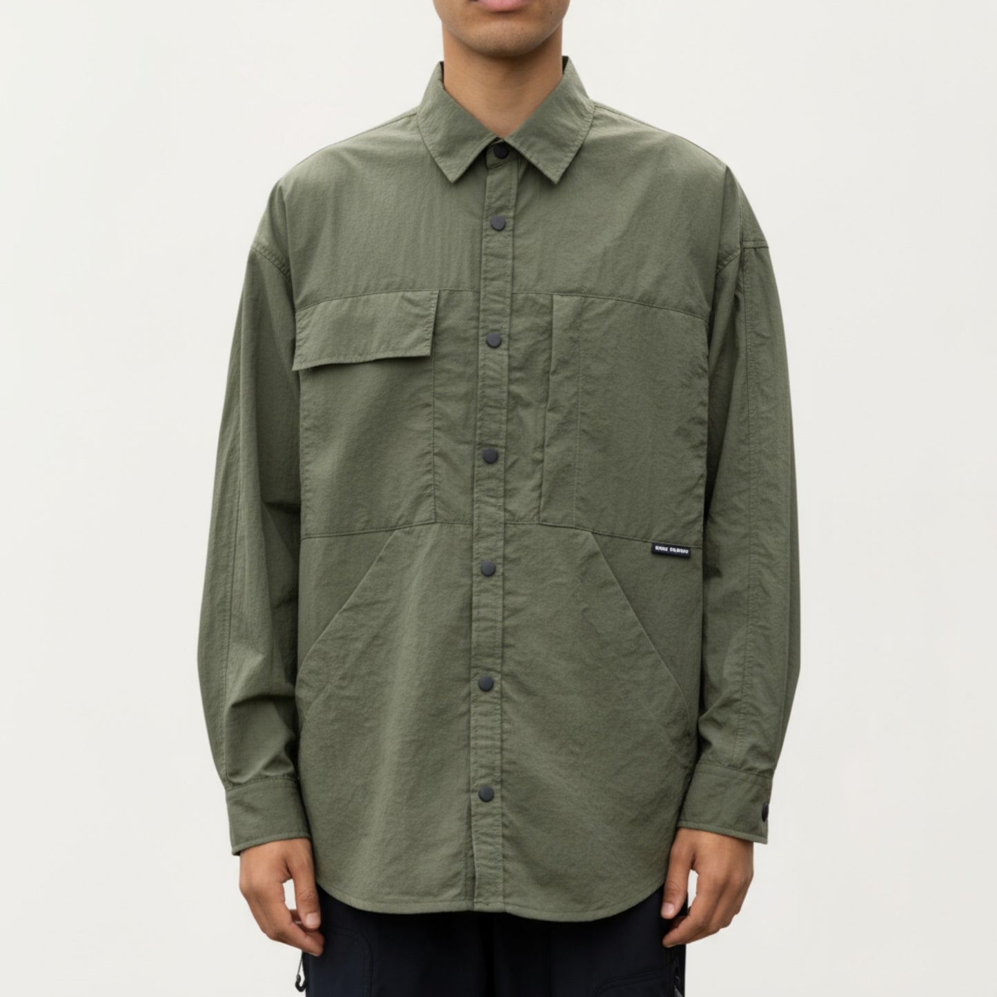 Men's Long Sleeve Button-Up Utility Shirt with Chest Pocket and Structured Stitch Detailing