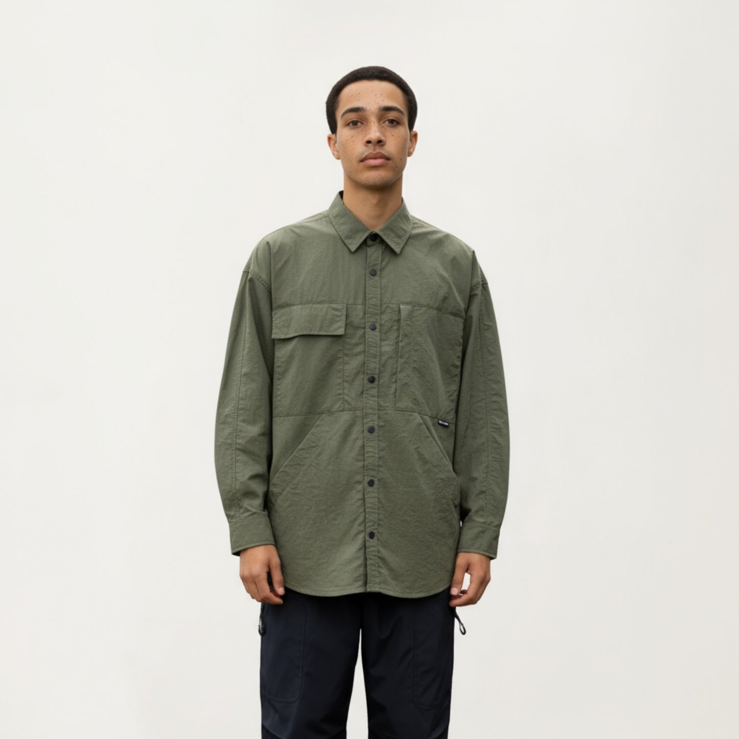 Men's Long Sleeve Button-Up Utility Shirt with Chest Pocket and Structured Stitch Detailing