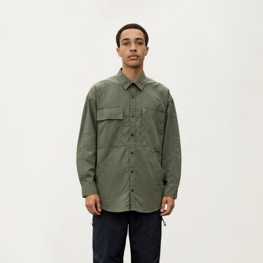 Men's Long Sleeve Button-Up Utility Shirt with Chest Pocket and Structured Stitch Detailing