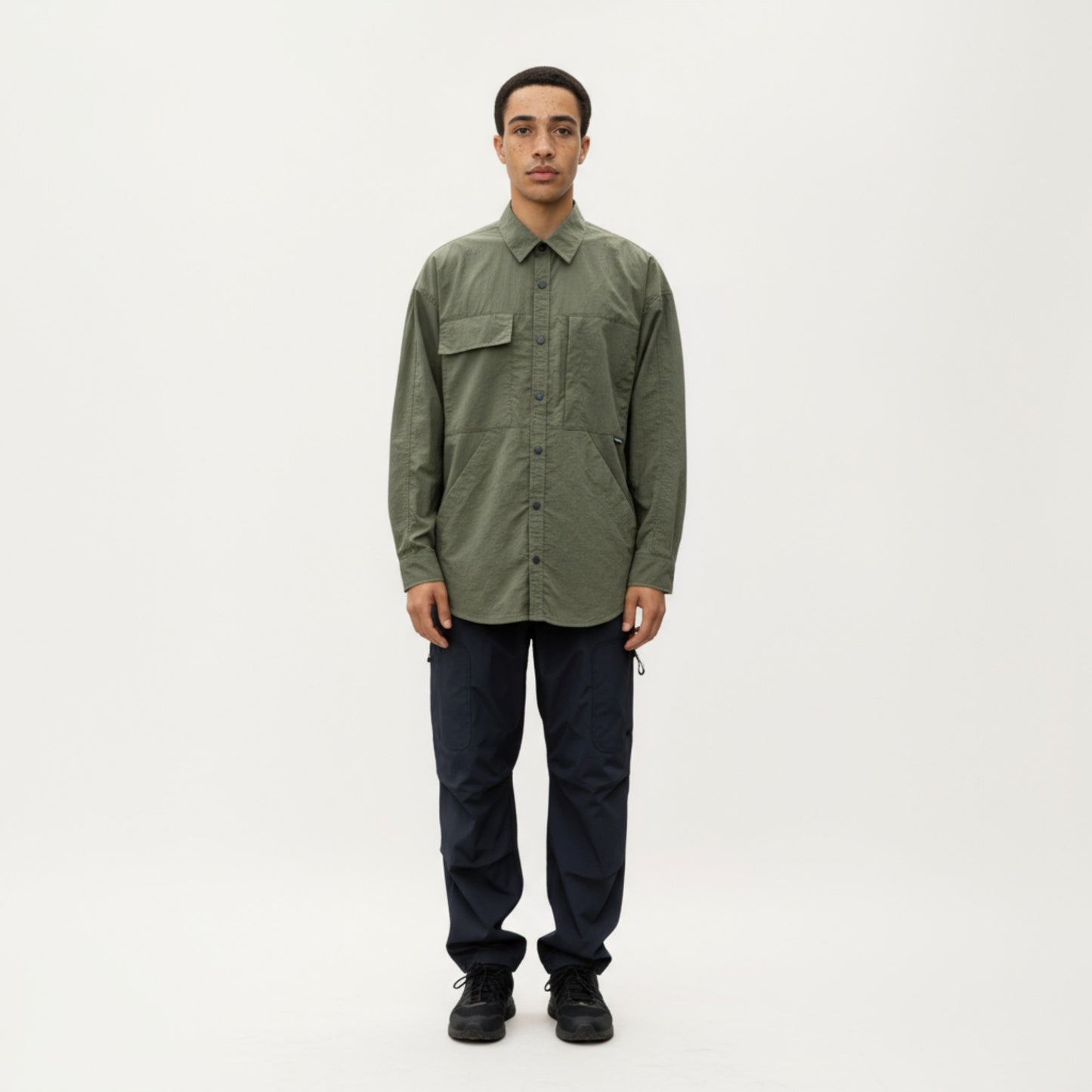 Men's Long Sleeve Button-Up Utility Shirt with Chest Pocket and Structured Stitch Detailing