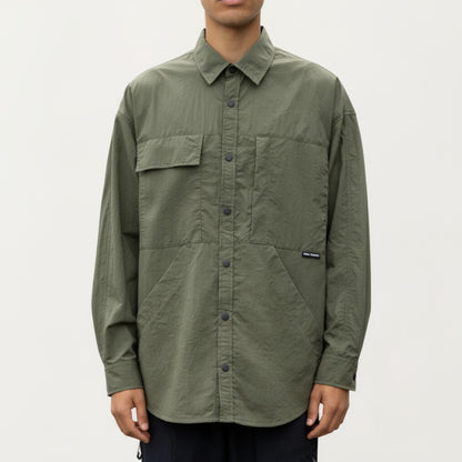 Men's Long Sleeve Button-Up Utility Shirt with Chest Pocket and Structured Stitch Detailing
