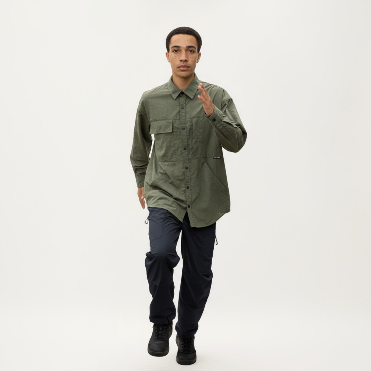 Men's Long Sleeve Button-Up Utility Shirt with Chest Pocket and Structured Stitch Detailing