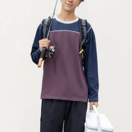 Men's Long Sleeve Color Block Crew Neck Pullover with Contrast Stitching and Relaxed Fit