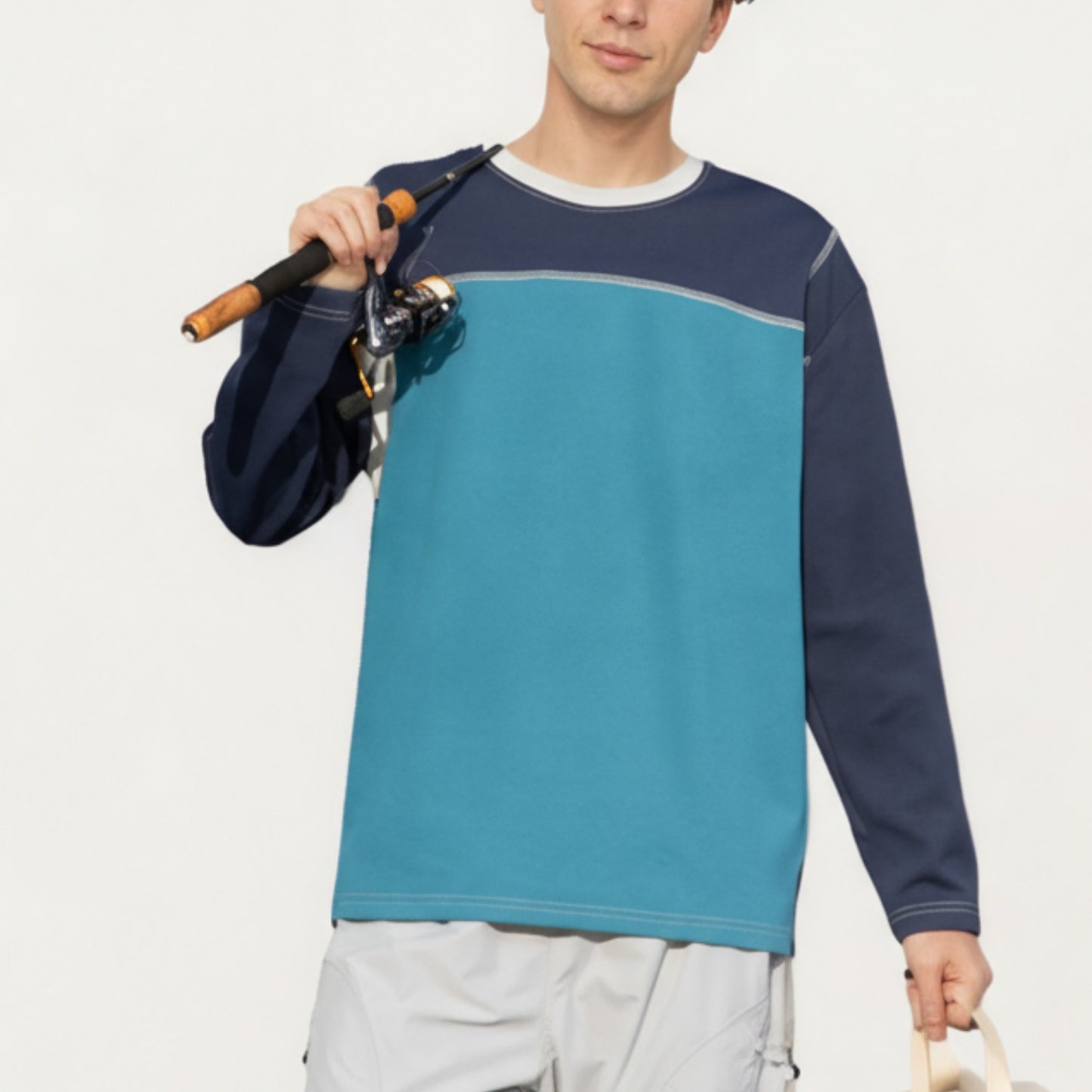 Men's Long Sleeve Color Block Crew Neck Pullover with Contrast Stitching and Relaxed Fit