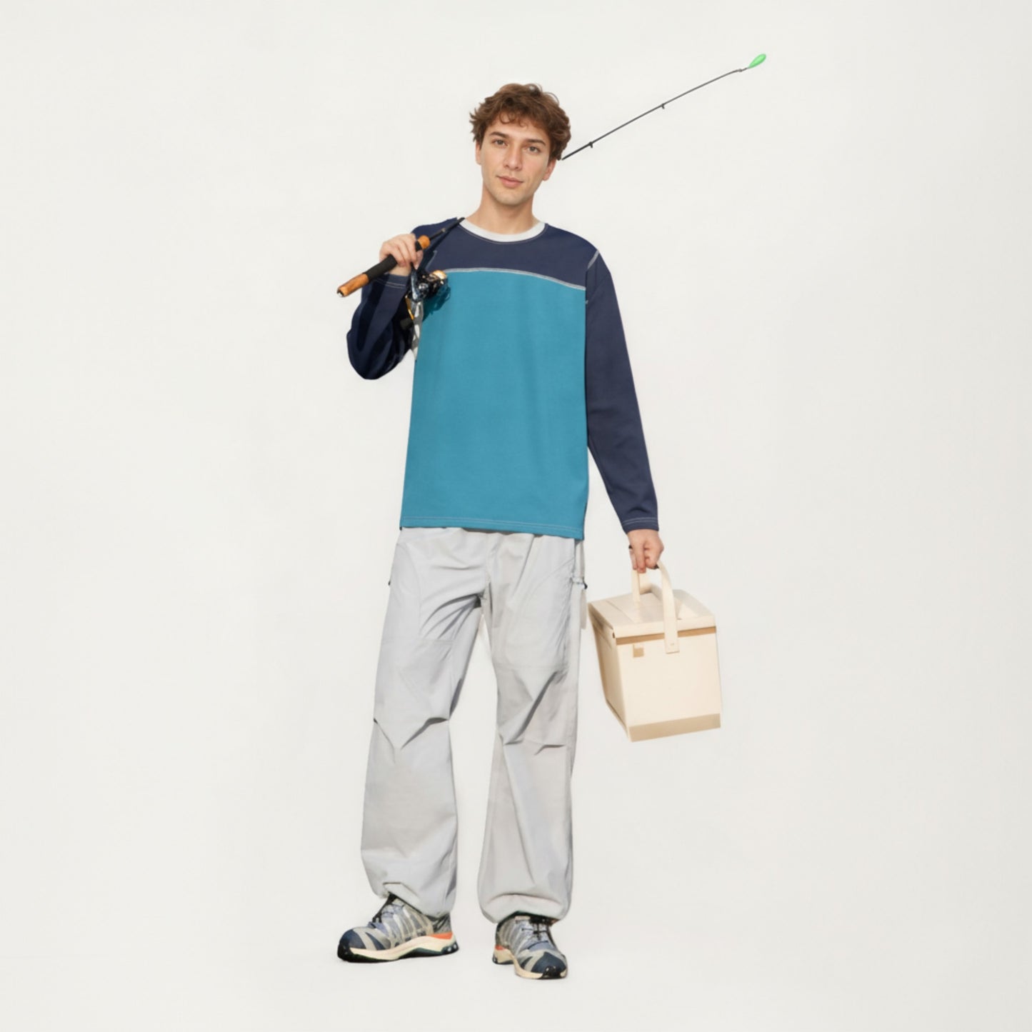 Men's Long Sleeve Color Block Crew Neck Pullover with Contrast Stitching and Relaxed Fit