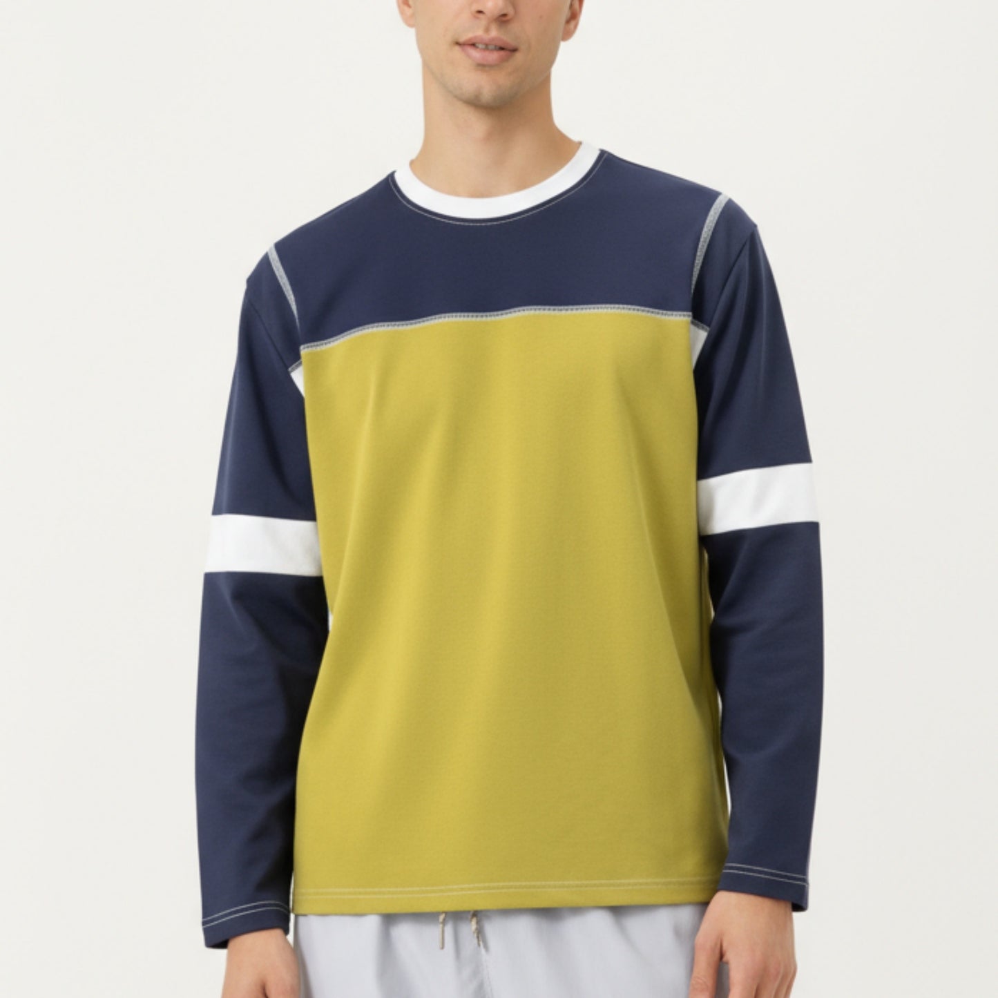 Men's Long Sleeve Color Block Crew Neck Pullover with Contrast Stitching and Relaxed Fit