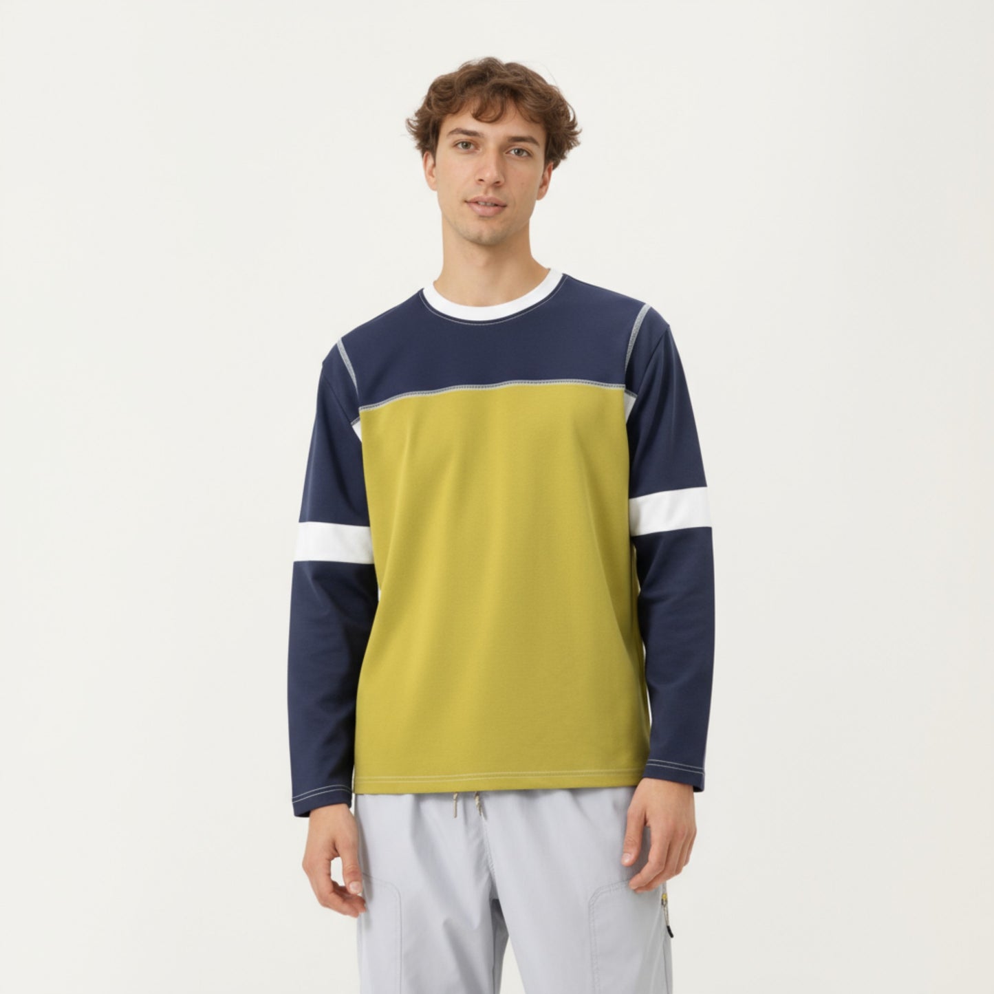 Men's Long Sleeve Color Block Crew Neck Pullover with Contrast Stitching and Relaxed Fit