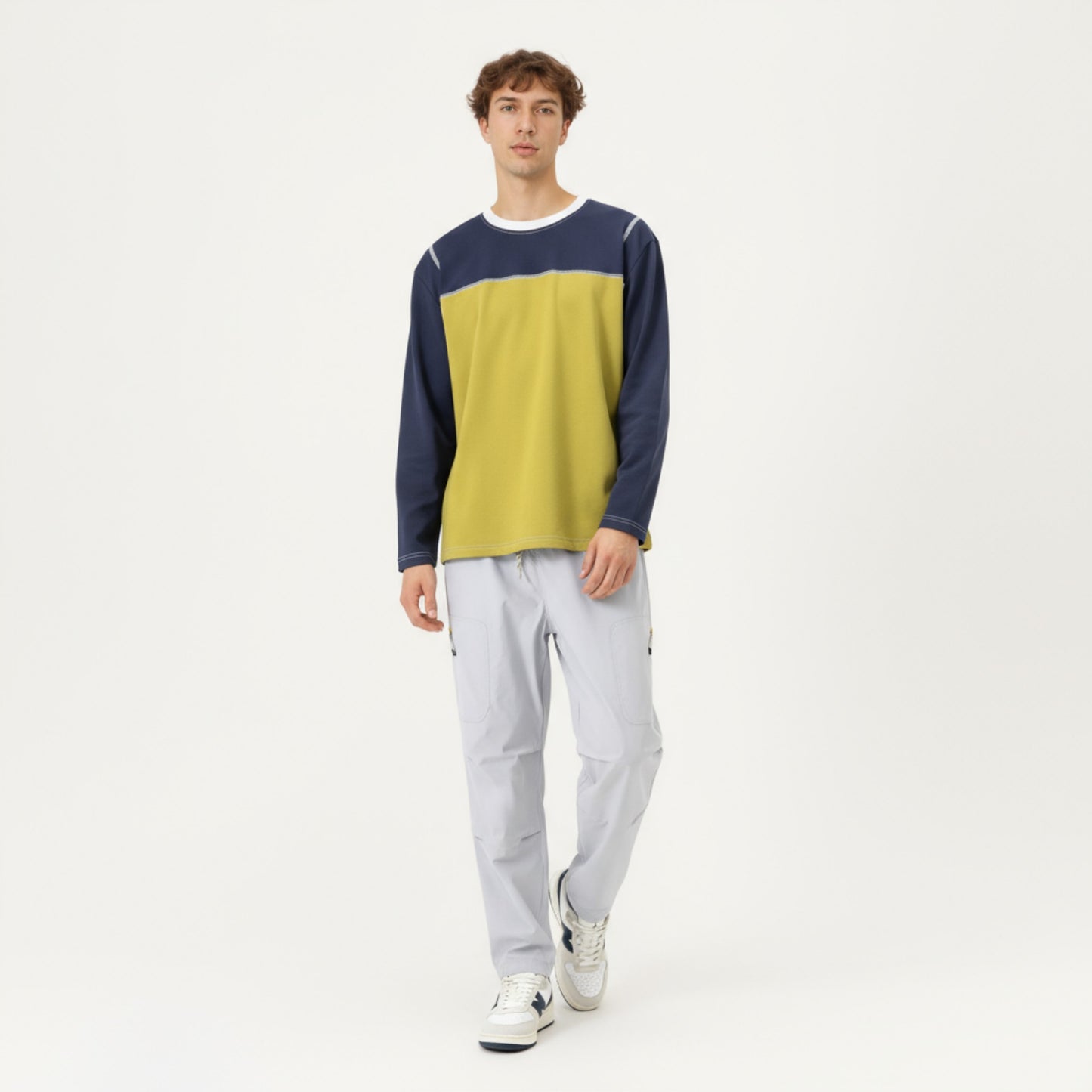 Men's Long Sleeve Color Block Crew Neck Pullover with Contrast Stitching and Relaxed Fit