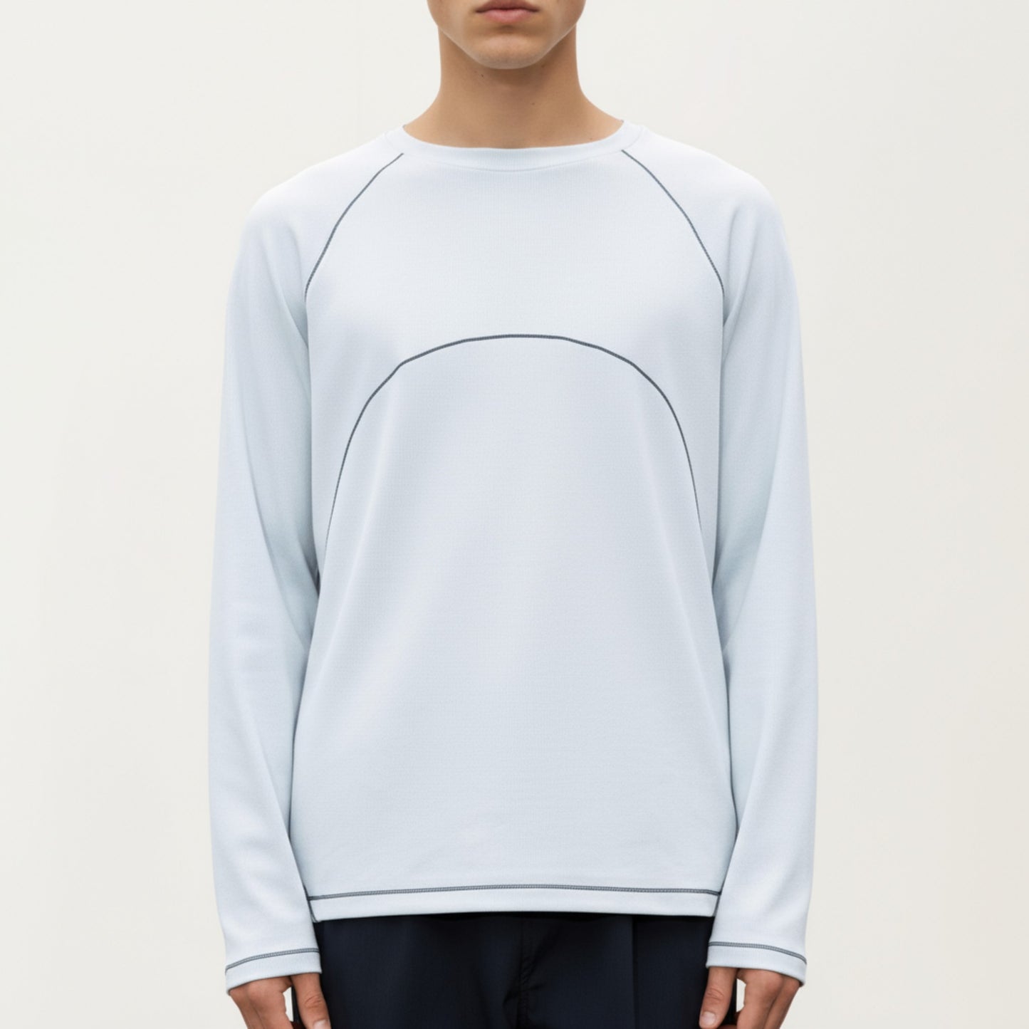 Men's Long Sleeve Crew Neck Pullover with Raglan Seams and Subtle Front Stitch Detail