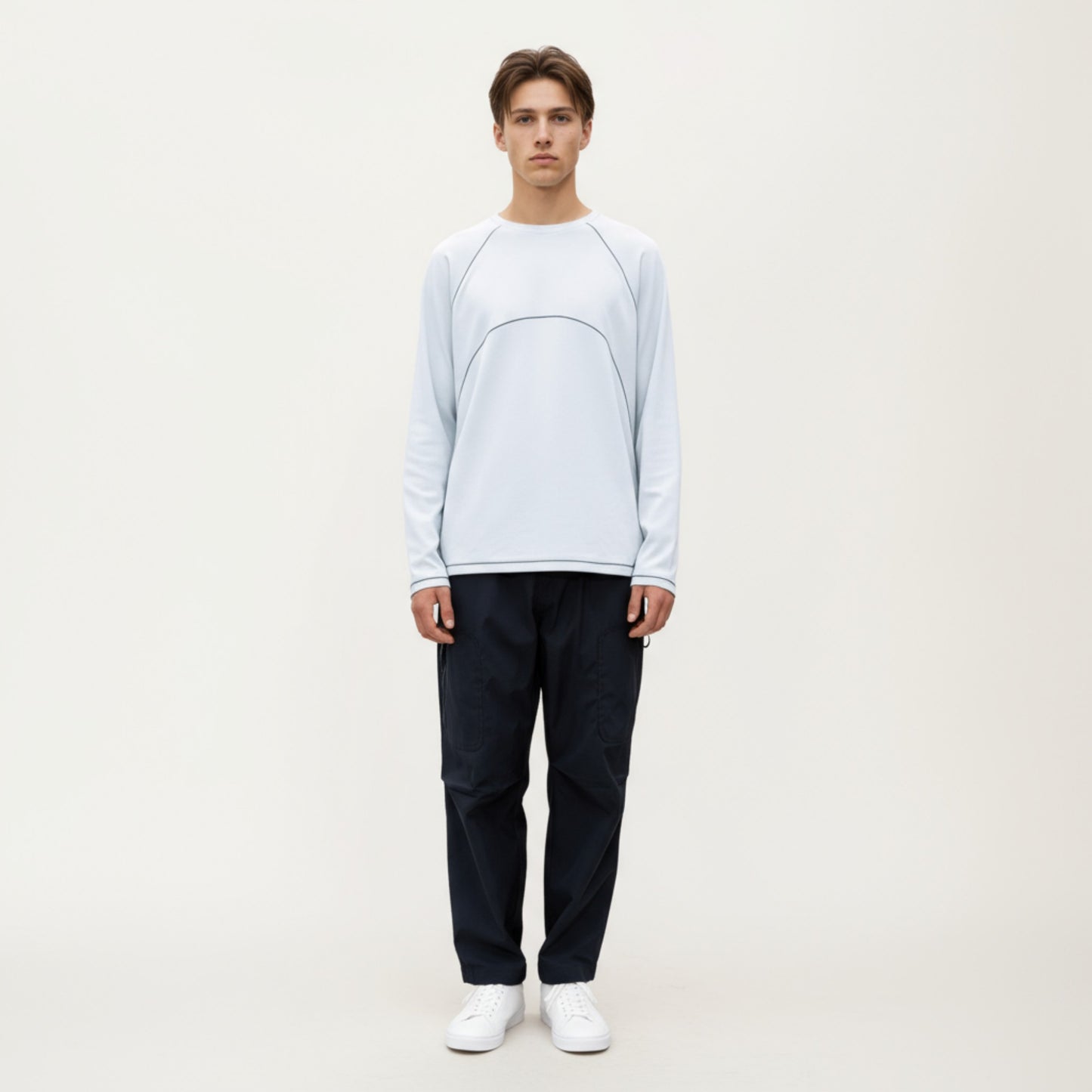Men's Long Sleeve Crew Neck Pullover with Raglan Seams and Subtle Front Stitch Detail