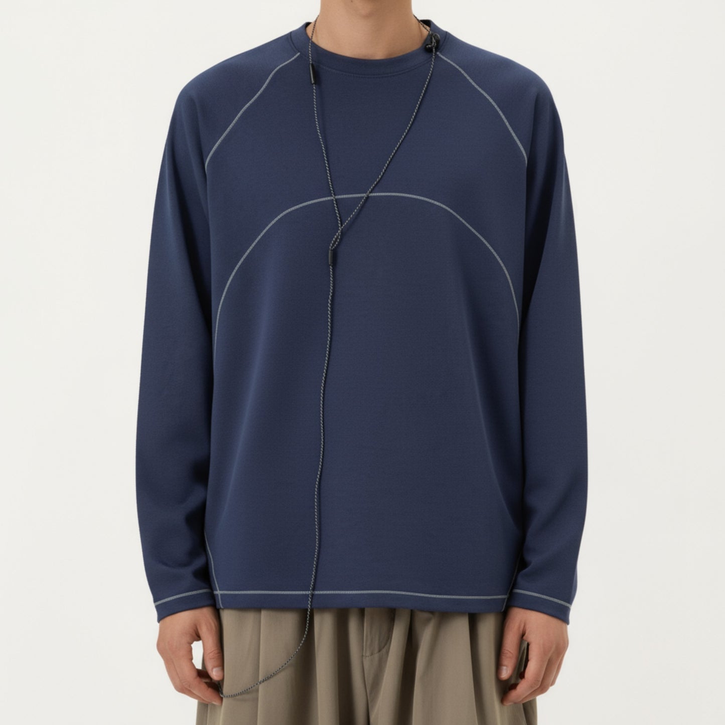 Men's Long Sleeve Crew Neck Pullover with Raglan Seams and Subtle Front Stitch Detail