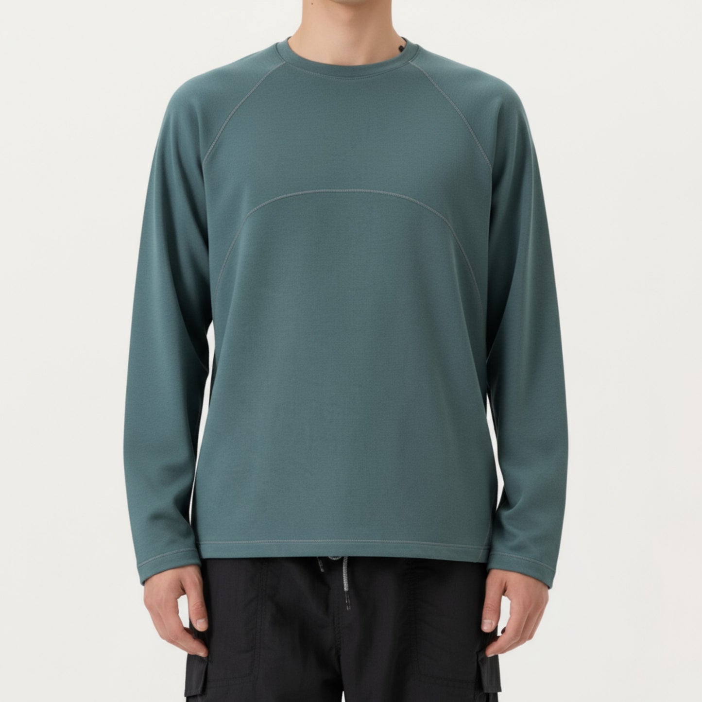 Men's Long Sleeve Crew Neck Pullover with Raglan Seams and Subtle Front Stitch Detail