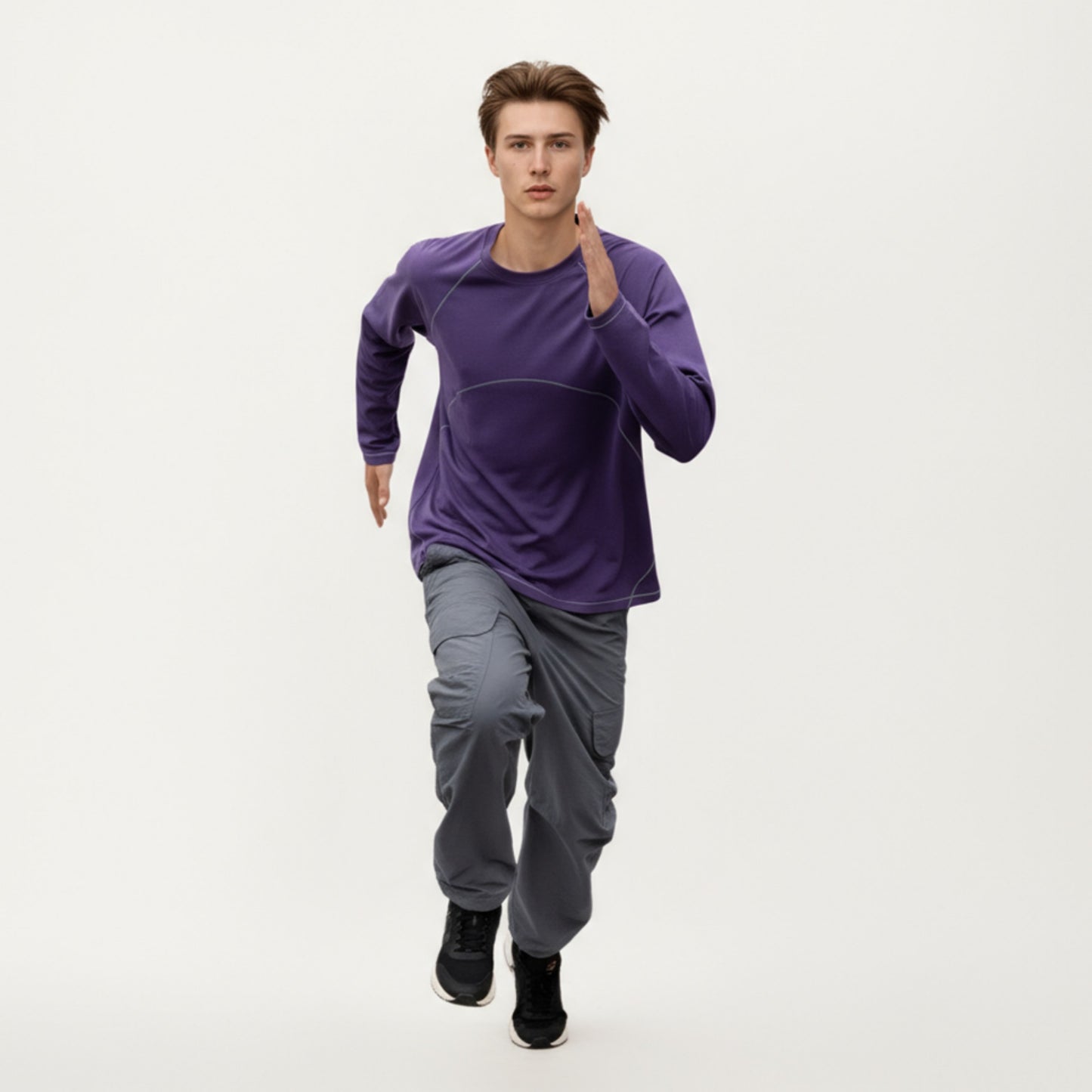 Men's Long Sleeve Crew Neck Pullover with Raglan Seams and Subtle Front Stitch Detail