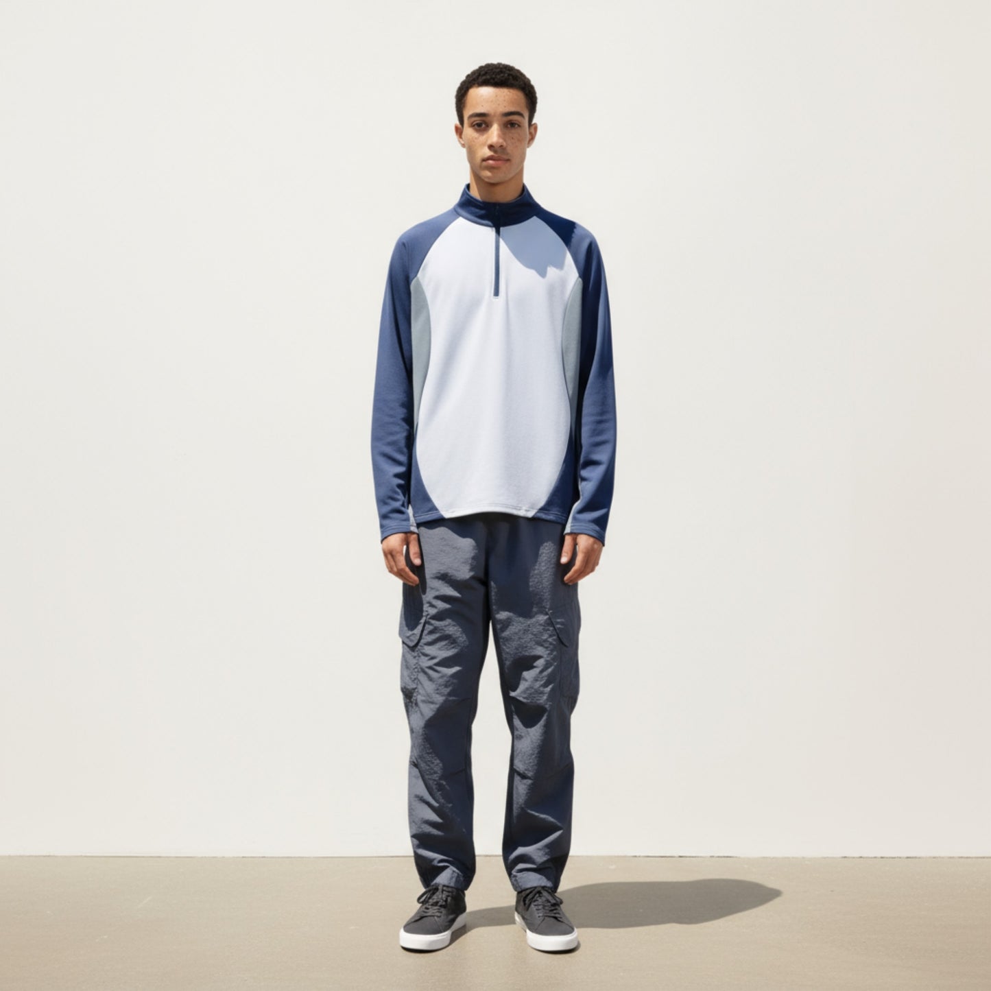 Men's Long Sleeve Quarter Zip Pullover with Color Block Panels and Stand Collar