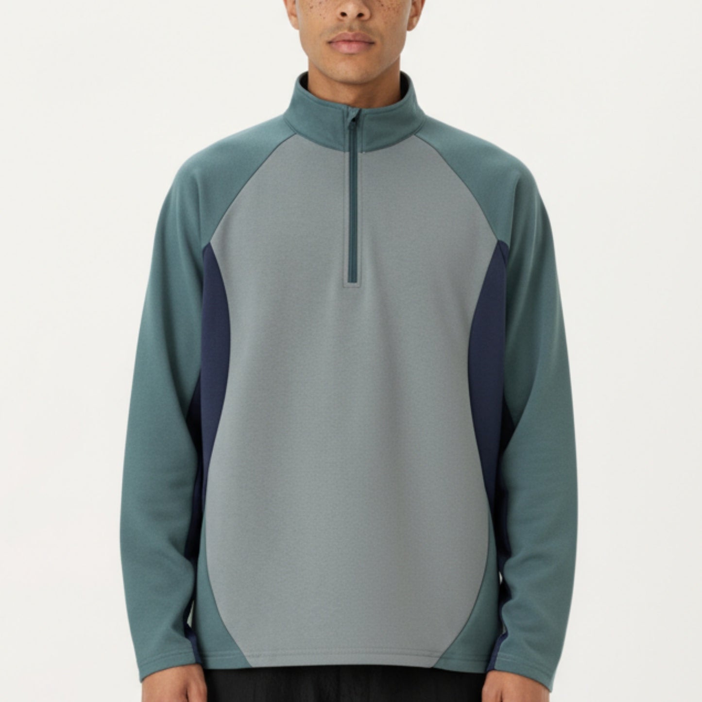 Men's Long Sleeve Quarter Zip Pullover with Color Block Panels and Stand Collar