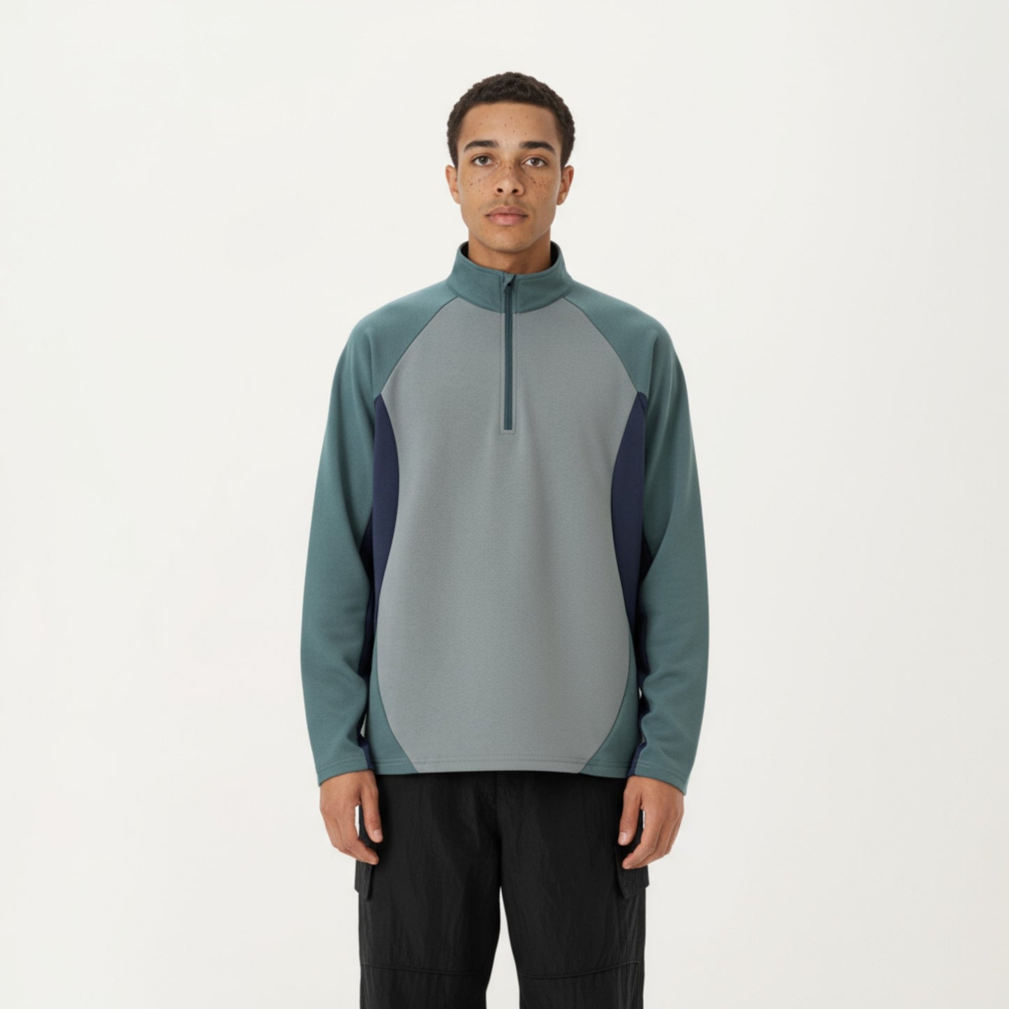 Men's Long Sleeve Quarter Zip Pullover with Color Block Panels and Stand Collar