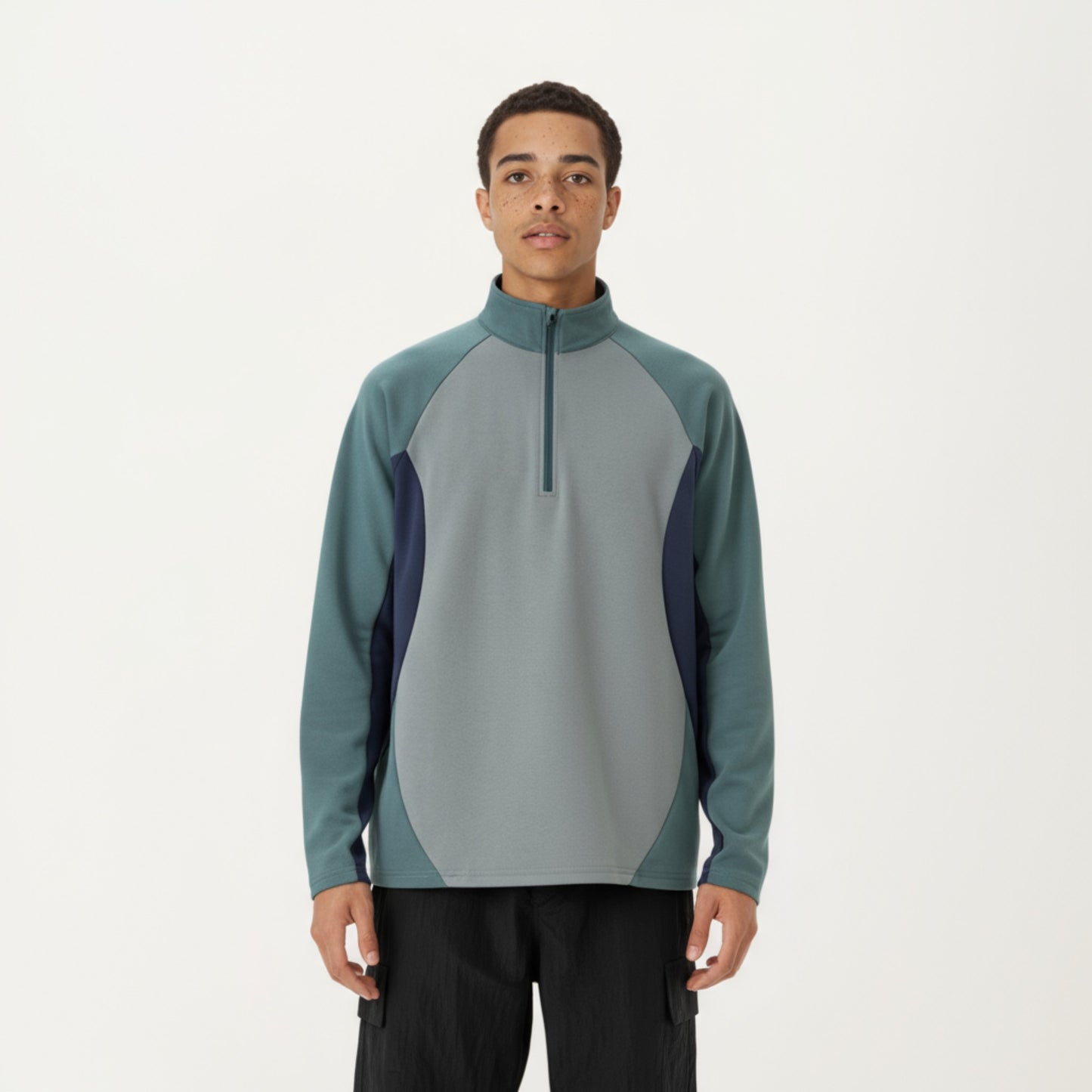 Men's Long Sleeve Quarter Zip Pullover with Color Block Panels and Stand Collar