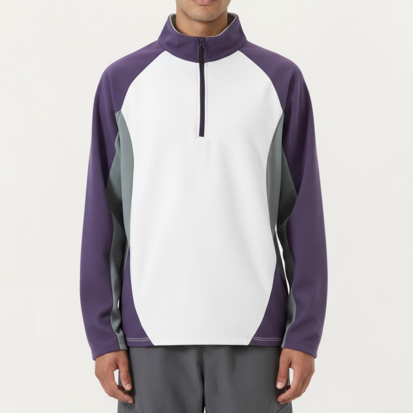Men's Long Sleeve Quarter Zip Pullover with Color Block Panels and Stand Collar