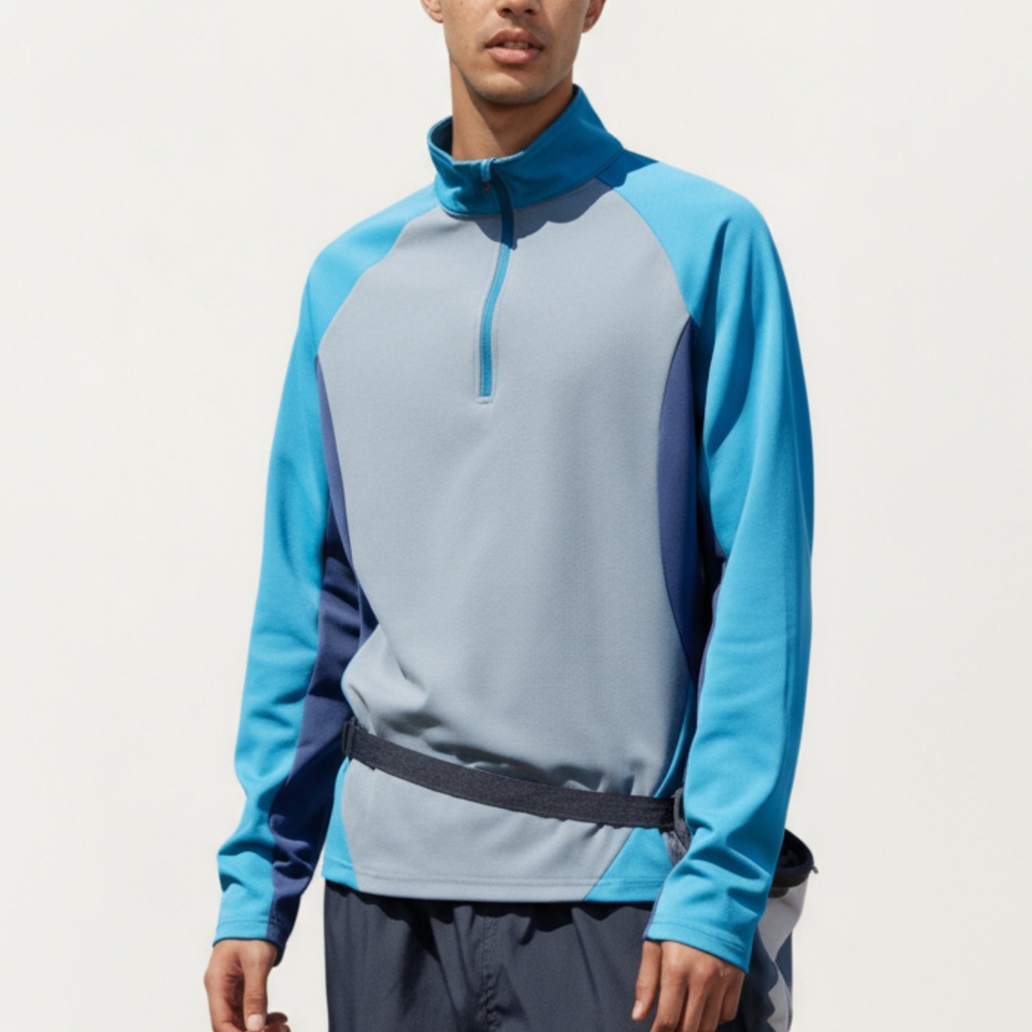 Men's Long Sleeve Quarter Zip Pullover with Color Block Panels and Stand Collar