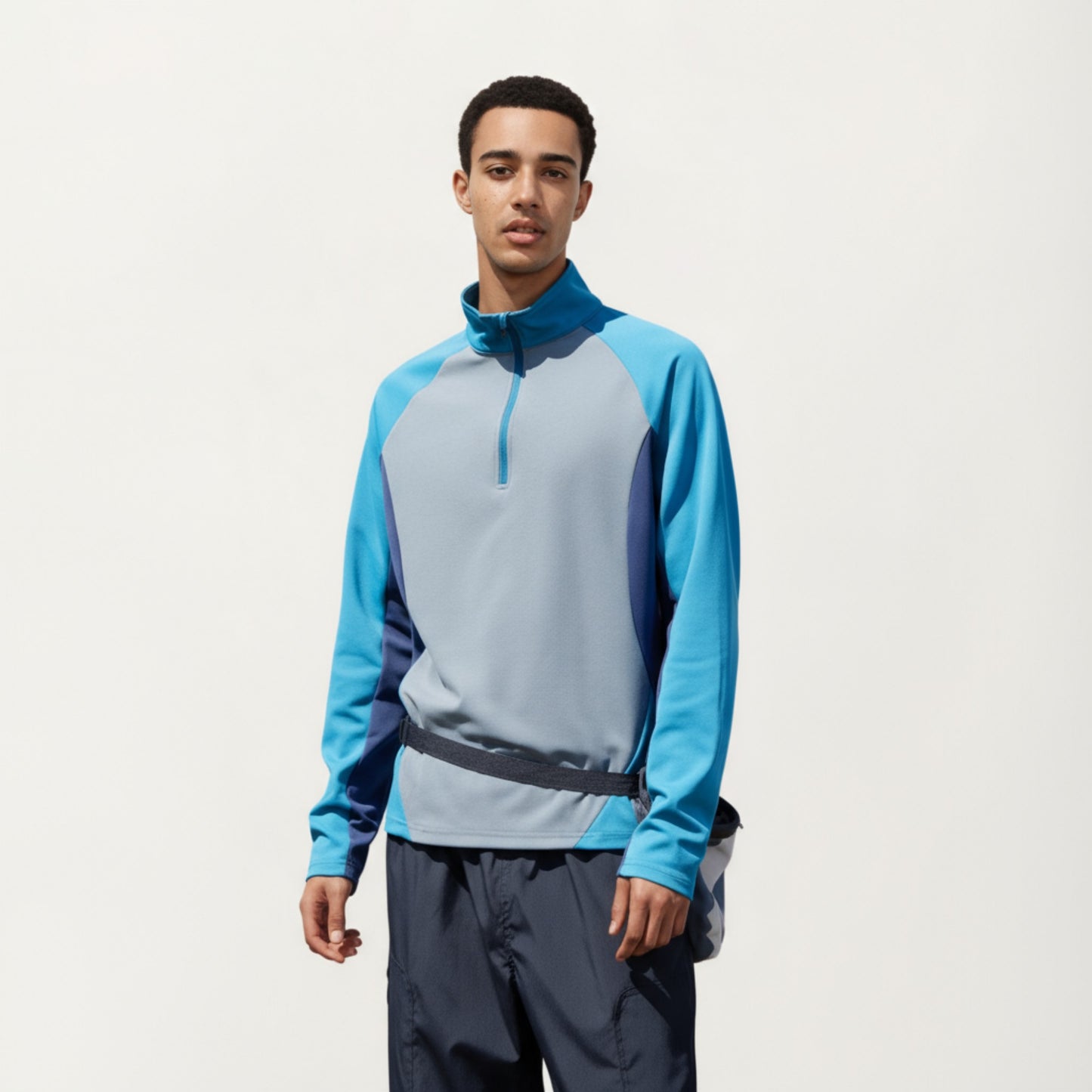 Men's Long Sleeve Quarter Zip Pullover with Color Block Panels and Stand Collar